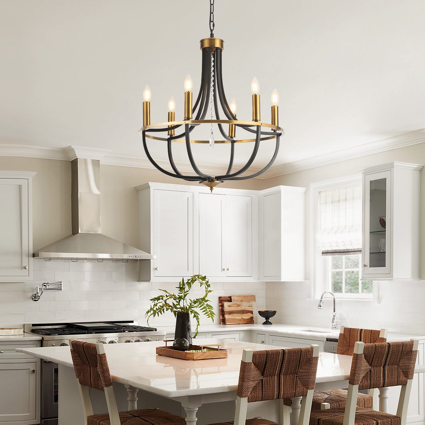 Fivemengo Black Gold Chandelier 23.6in 6 Lights Dining Room Fixture Farmhouse Candle Chandilers Handging Lighting for Living Room Kitchen Entryway Foyer E12 Base