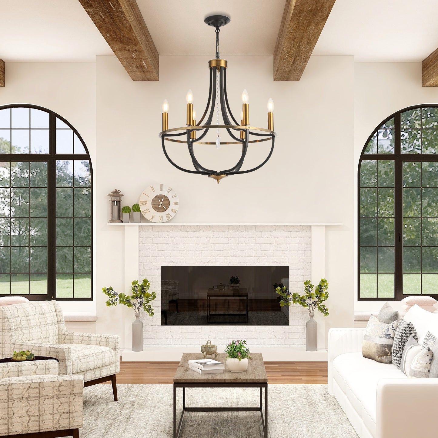 Fivemengo Black Gold Chandelier 23.6in 6 Lights Dining Room Fixture Farmhouse Candle Chandilers Handging Lighting for Living Room Kitchen Entryway Foyer E12 Base