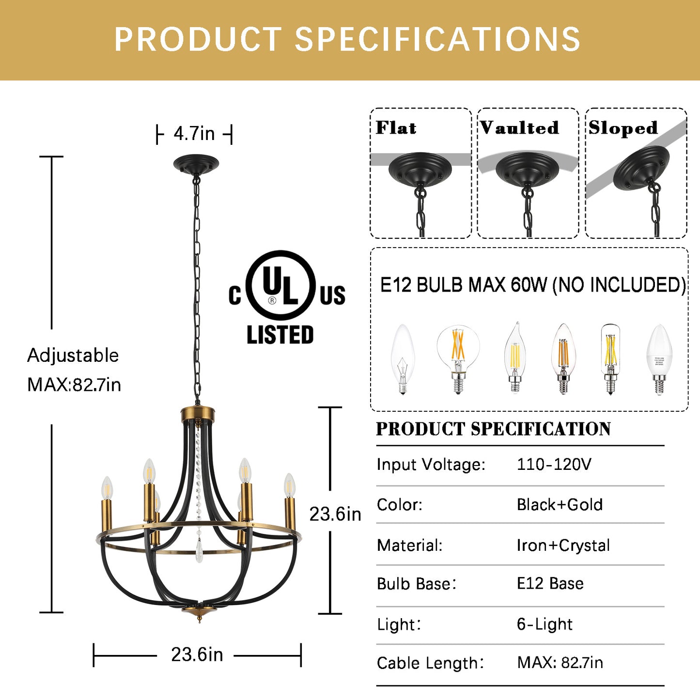 Fivemengo Black Gold Chandelier 23.6in 6 Lights Dining Room Fixture Farmhouse Candle Chandilers Handging Lighting for Living Room Kitchen Entryway Foyer E12 Base