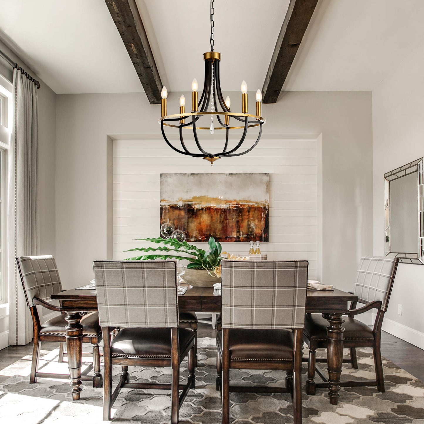 Fivemengo Black Gold Chandelier 23.6in 6 Lights Dining Room Fixture Farmhouse Candle Chandilers Handging Lighting for Living Room Kitchen Entryway Foyer E12 Base