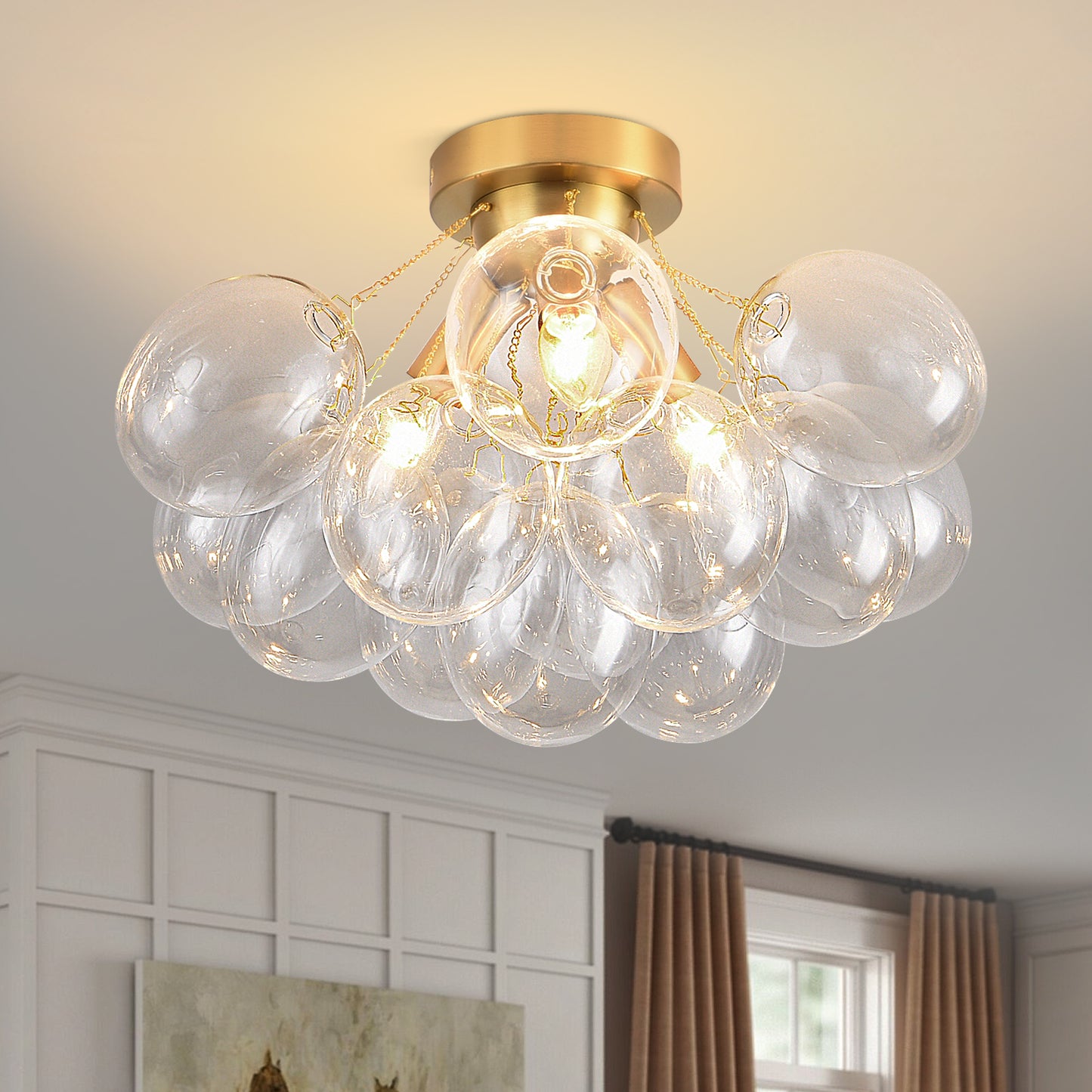 Pandaluna Bubble Chandelier Bubble Ceiling Light 17.7in Semi Flush Mount Chandelier Blown Glass Mid Century Close to Ceiling Light Fixture for Bedroom Hallway Entryway Kitchen Foryer Dining Room