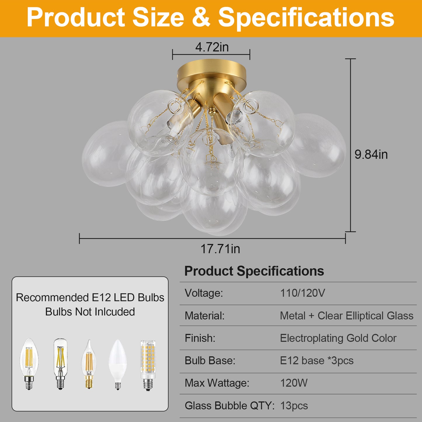 Pandaluna Bubble Chandelier Bubble Ceiling Light 17.7in Semi Flush Mount Chandelier Blown Glass Mid Century Close to Ceiling Light Fixture for Bedroom Hallway Entryway Kitchen Foryer Dining Room