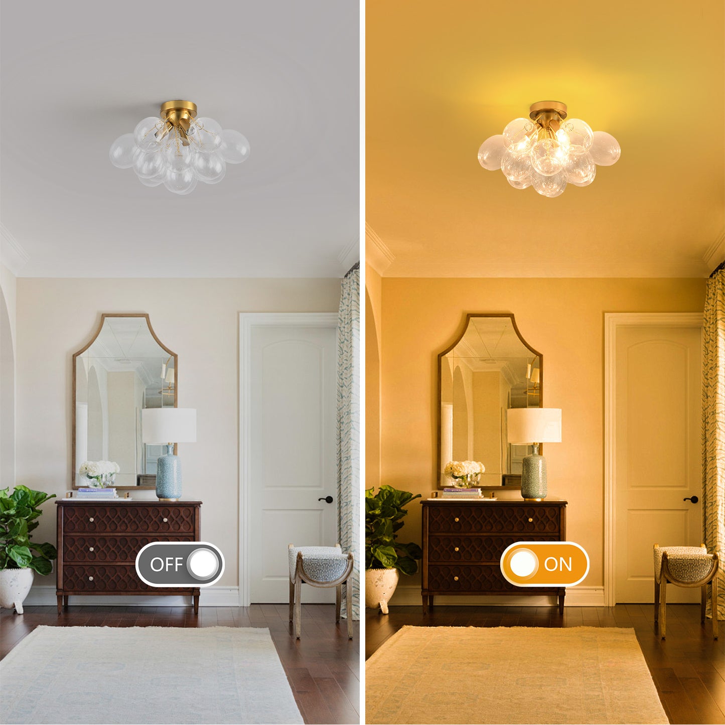 Pandaluna Bubble Chandelier Bubble Ceiling Light 17.7in Semi Flush Mount Chandelier Blown Glass Mid Century Close to Ceiling Light Fixture for Bedroom Hallway Entryway Kitchen Foryer Dining Room