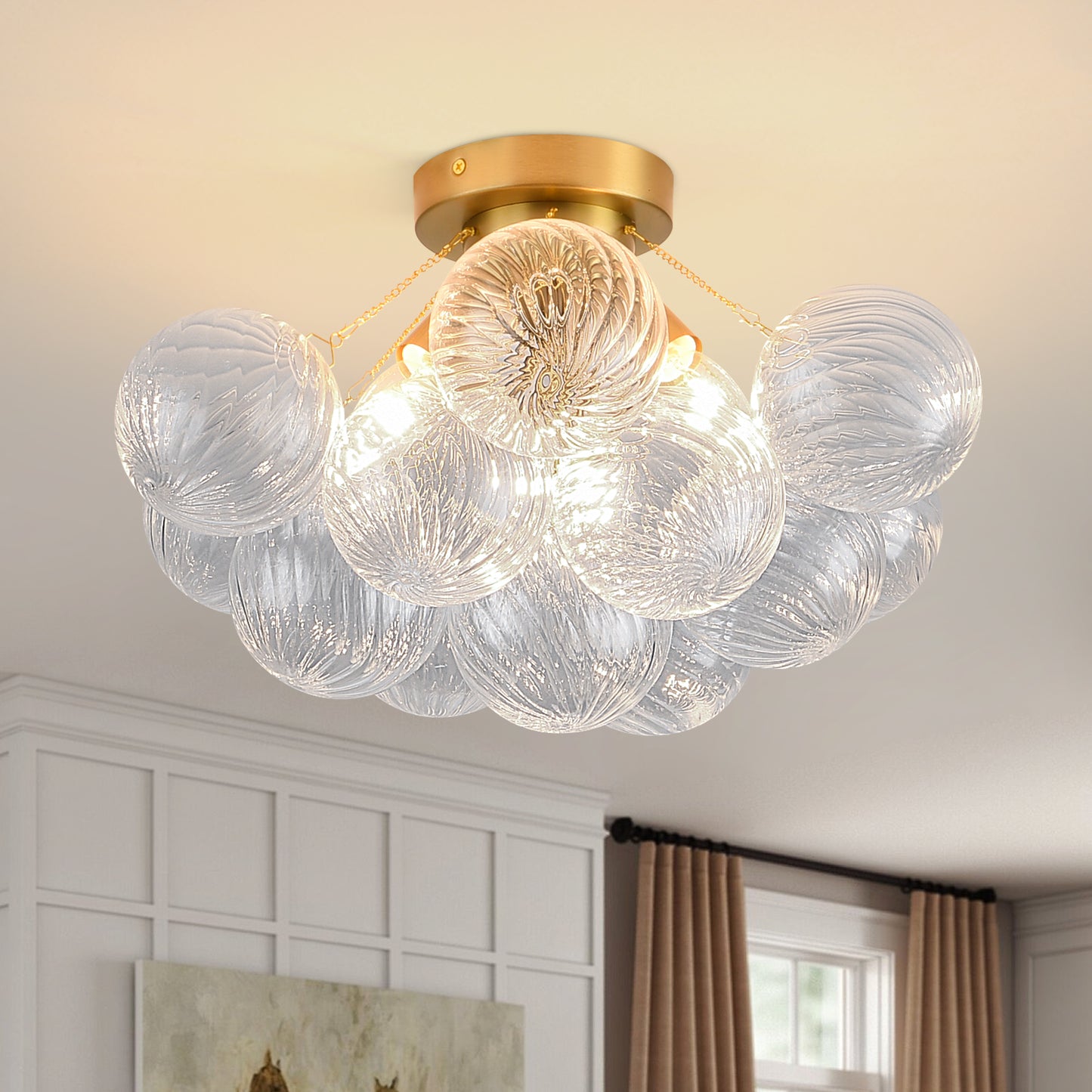 Pandaluna Bubble Chandelier Bubble Ceiling Light 17in Semi Flush Mount Chandelier Blown Glass Mid Century Close to Ceiling Light Fixture for Bedroom Hallway Entryway Kitchen Foryer Dining Room