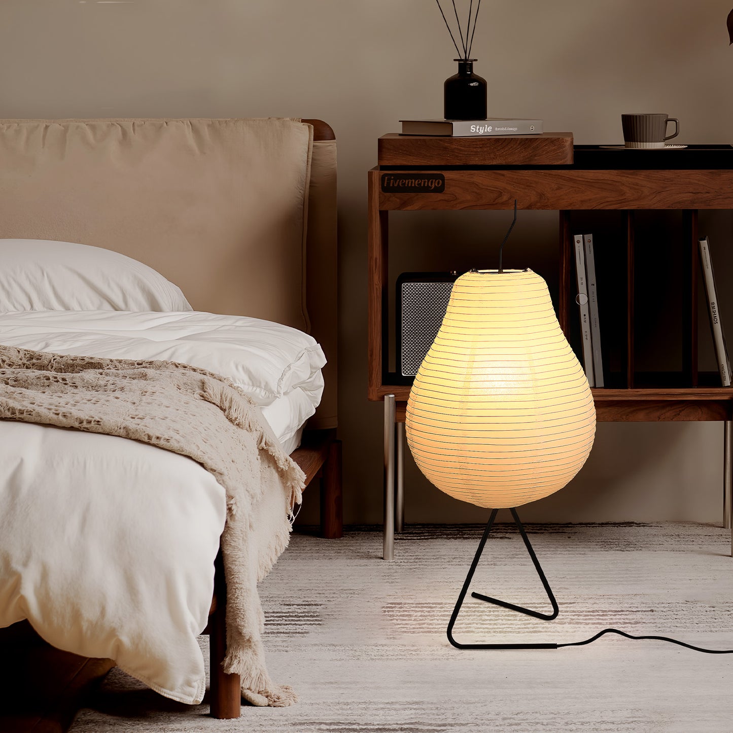 Fivemengo Japanese Paper Floor Lamp, Cozy Rice Paper Lantern Lights Japandi Wabi Sabi Lantern Floor Lamp for Bedside Nightstand Bedroom Office Living Room, E26 LED Bulb Warn Light
