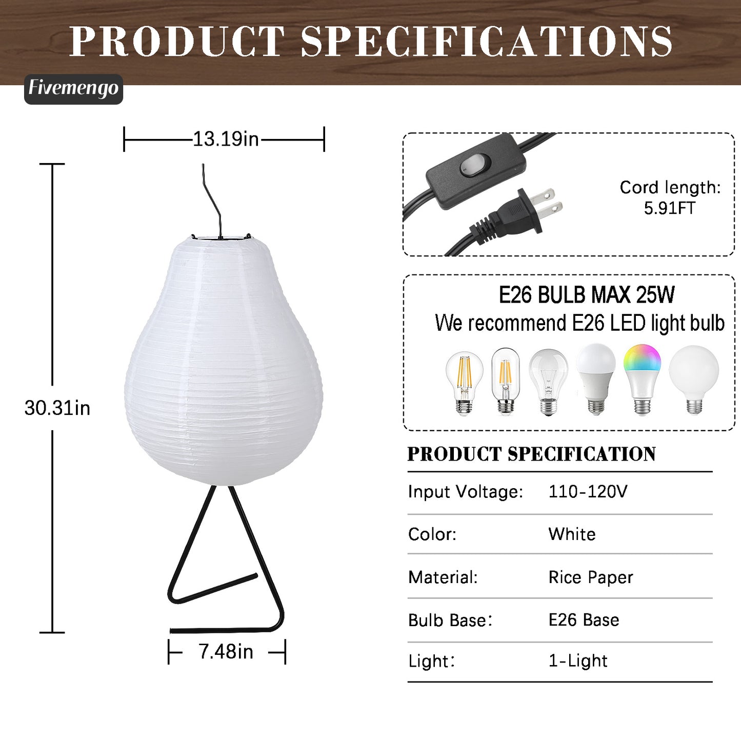 Fivemengo Japanese Paper Floor Lamp, Cozy Rice Paper Lantern Lights Japandi Wabi Sabi Lantern Floor Lamp for Bedside Nightstand Bedroom Office Living Room, E26 LED Bulb Warn Light