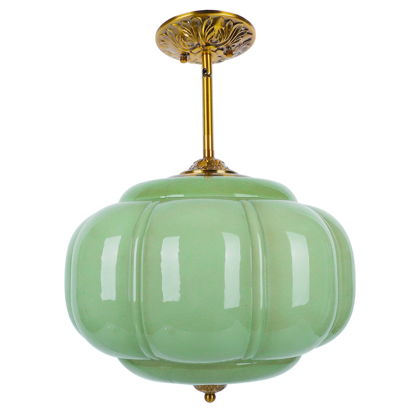 Pandaluna 15in Green Milk Glass Ceiling Light Fixture, LED Bulb Included, Vintage Semi Flush Mount Pendant Light Antique Brass Mid Century Art Deco Chandelier for Kitchen Dining Room Hallway Bedroom