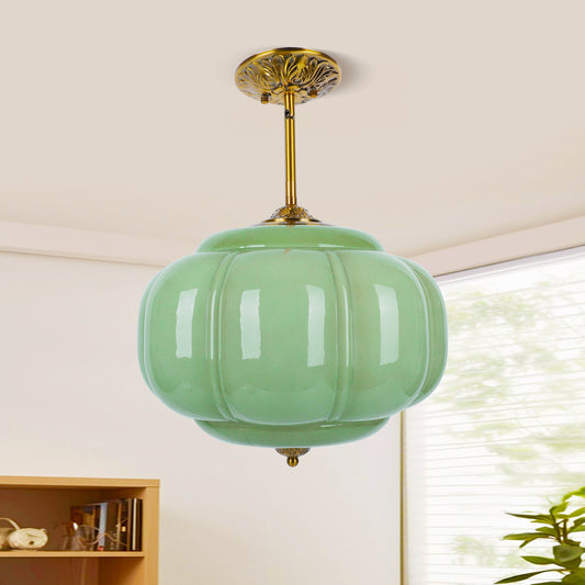 Pandaluna 15in Green Milk Glass Ceiling Light Fixture, LED Bulb Included, Vintage Semi Flush Mount Pendant Light Antique Brass Mid Century Art Deco Chandelier for Kitchen Dining Room Hallway Bedroom