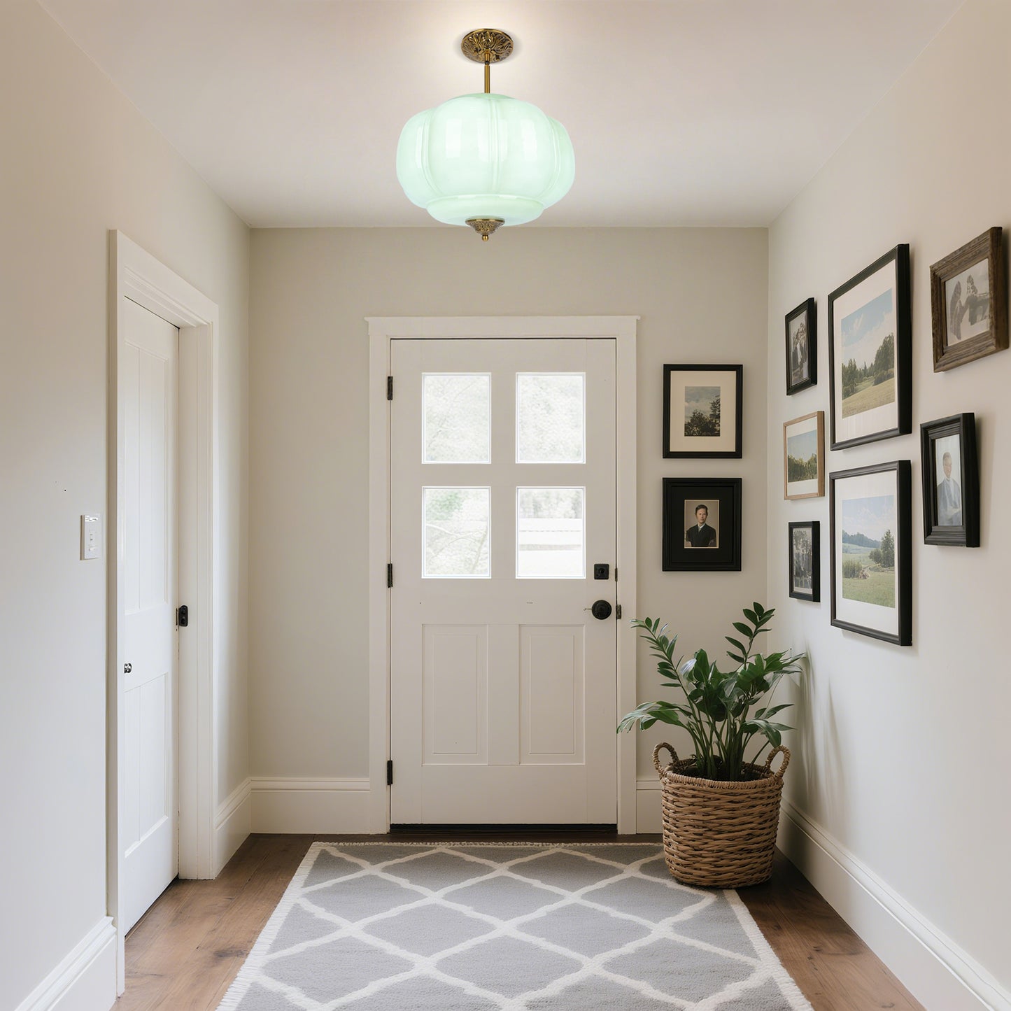 Pandaluna 15in Green Milk Glass Ceiling Light Fixture, LED Bulb Included, Vintage Semi Flush Mount Pendant Light Antique Brass Mid Century Art Deco Chandelier for Kitchen Dining Room Hallway Bedroom