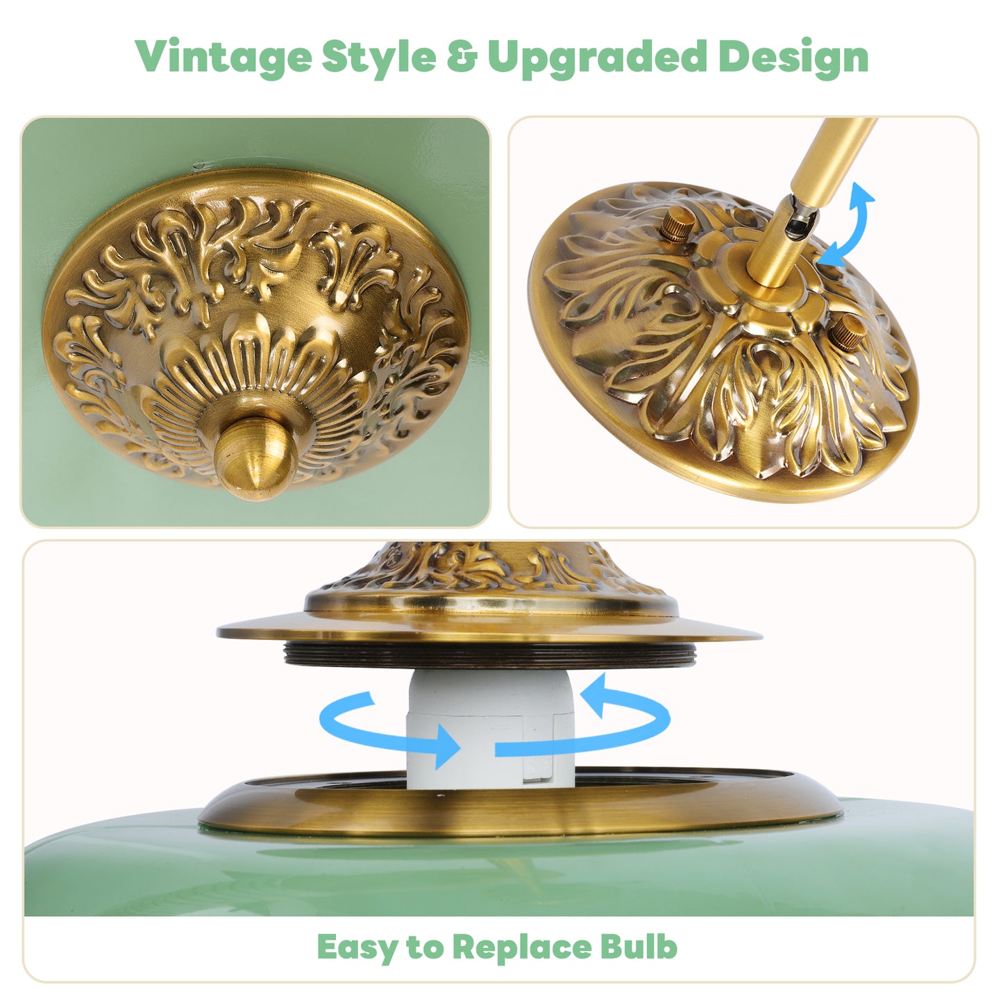 Pandaluna 15in Green Milk Glass Ceiling Light Fixture, LED Bulb Included, Vintage Semi Flush Mount Pendant Light Antique Brass Mid Century Art Deco Chandelier for Kitchen Dining Room Hallway Bedroom