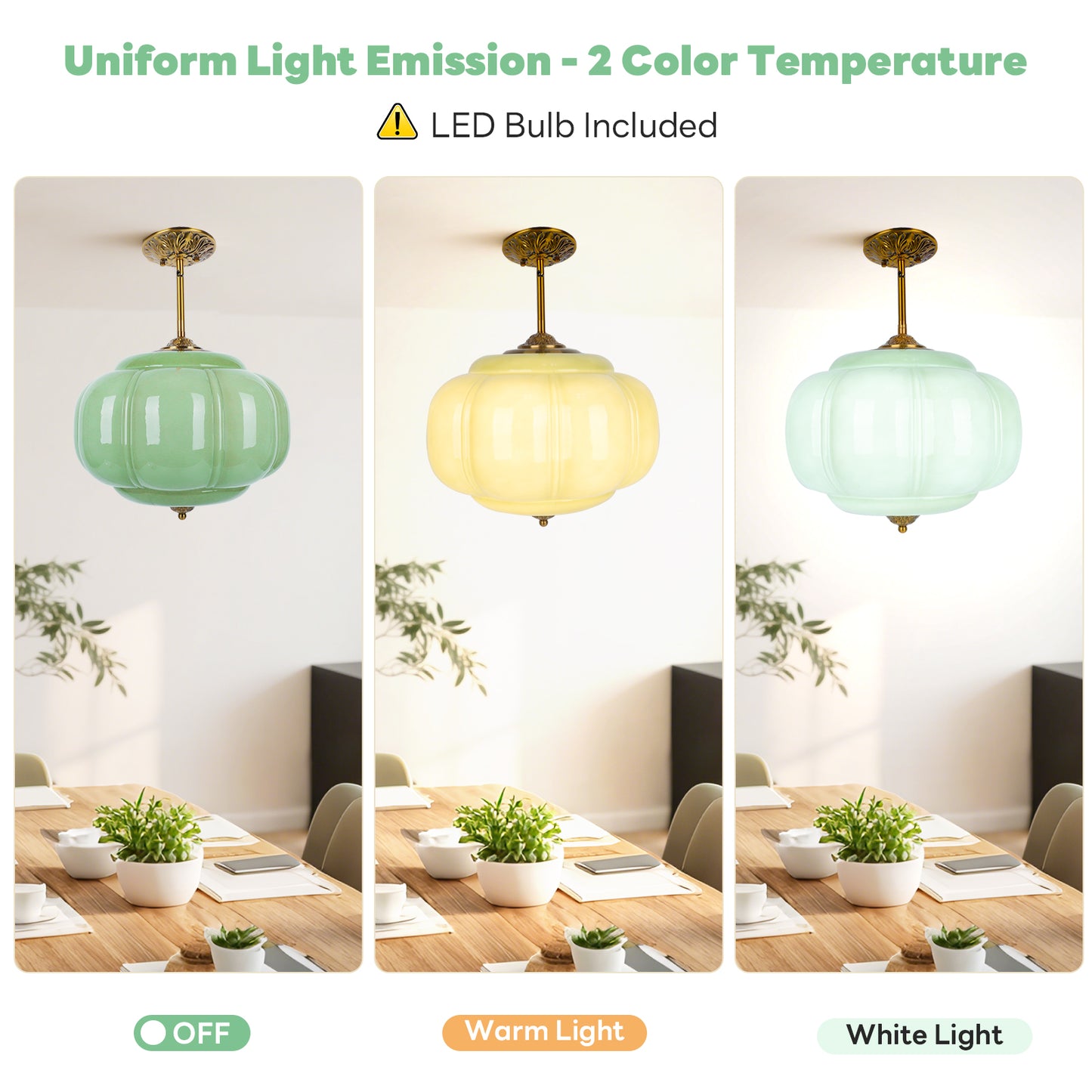 Pandaluna 15in Green Milk Glass Ceiling Light Fixture, LED Bulb Included, Vintage Semi Flush Mount Pendant Light Antique Brass Mid Century Art Deco Chandelier for Kitchen Dining Room Hallway Bedroom