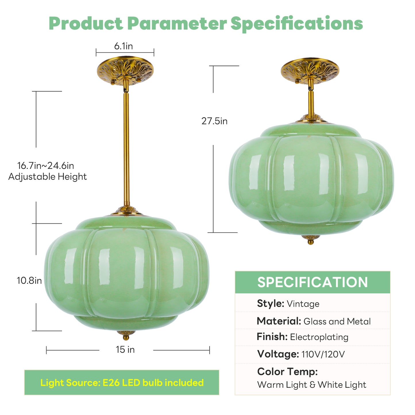 Pandaluna 15in Green Milk Glass Ceiling Light Fixture, LED Bulb Included, Vintage Semi Flush Mount Pendant Light Antique Brass Mid Century Art Deco Chandelier for Kitchen Dining Room Hallway Bedroom