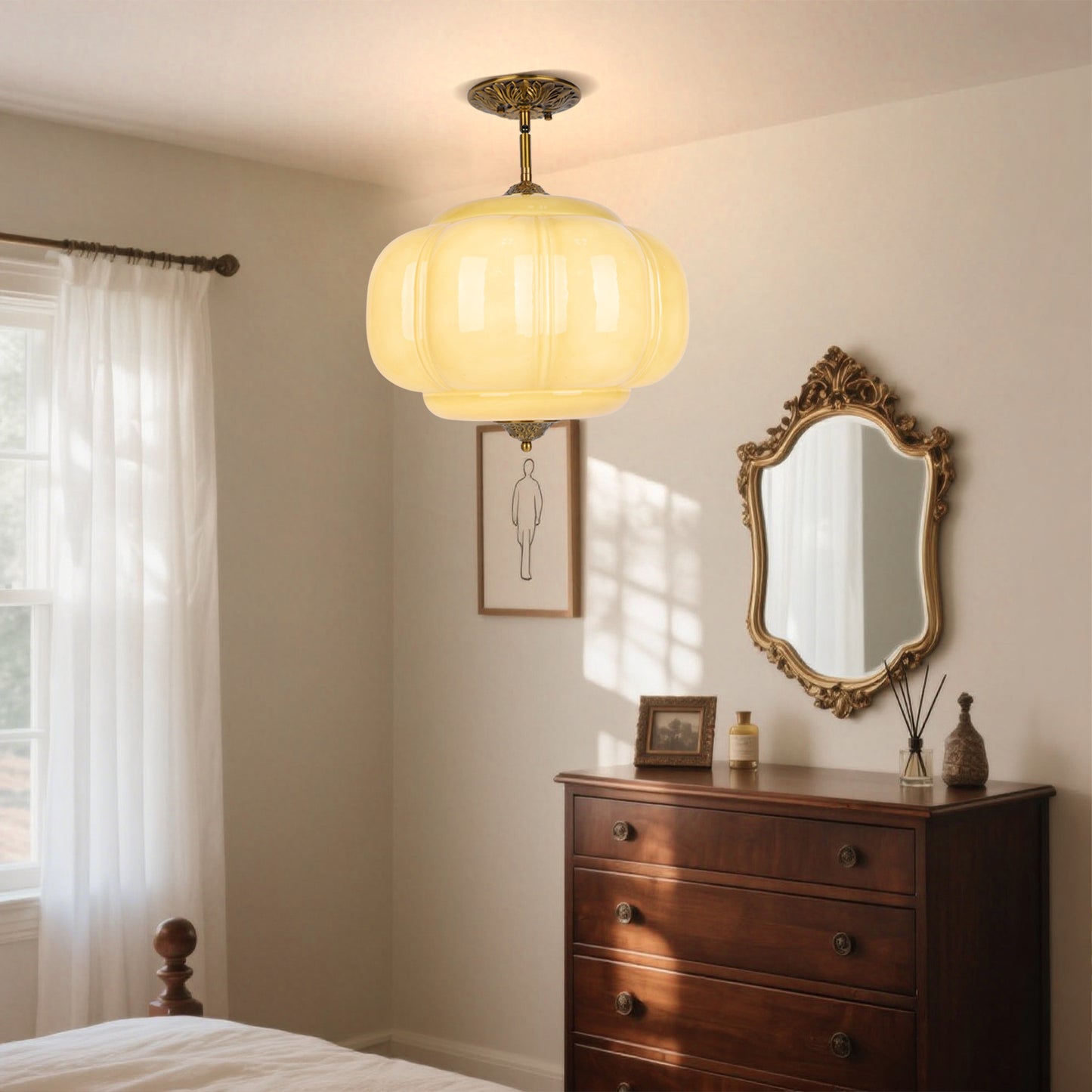 Pandaluna 15in Green Milk Glass Ceiling Light Fixture, LED Bulb Included, Vintage Semi Flush Mount Pendant Light Antique Brass Mid Century Art Deco Chandelier for Kitchen Dining Room Hallway Bedroom