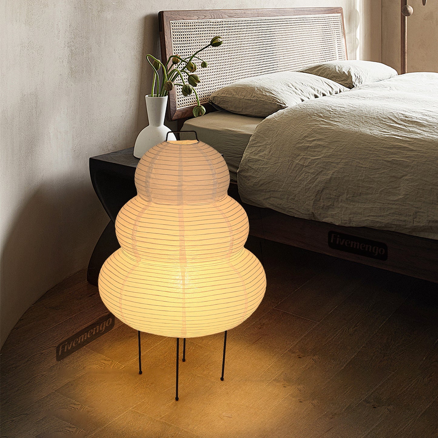 Fivemengo Japanese Paper Floor Lamp, Cozy Rice Paper Lantern Lights Japandi Wabi Sabi Lantern Floor Lamp for Bedside Nightstand Bedroom Office Living Room, E26 LED Bulb Warn Light