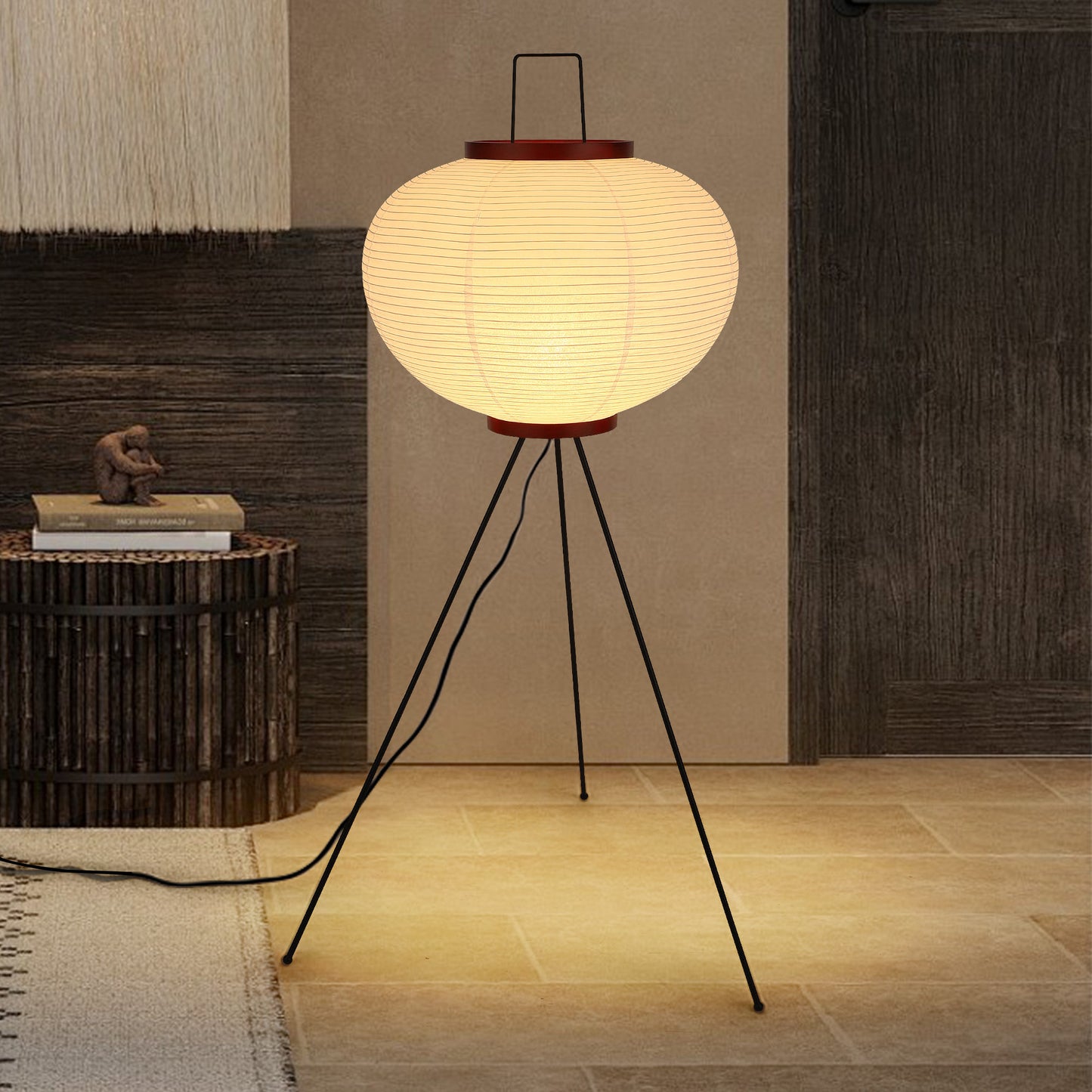 Fivemengo Japanese Rice Paper Floor Lamp, Cozy Paper Lamp Japandi Lantern Lights Wabi Sabi Style for Living Room Bedroom Office, 43 Inch Tripod Stand, White Lantern with E26 LED Bulb, 3000K/5000K