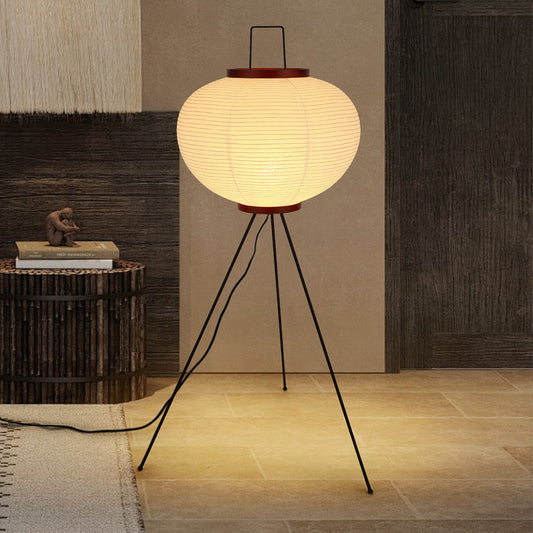 Fivemengo Japanese Rice Paper Floor Lamp, Cozy Paper Lamp Japandi Lantern Lights Wabi Sabi Style for Living Room Bedroom Office, 43 Inch Tripod Stand, White Lantern with E26 LED Bulb, 3000K/5000K