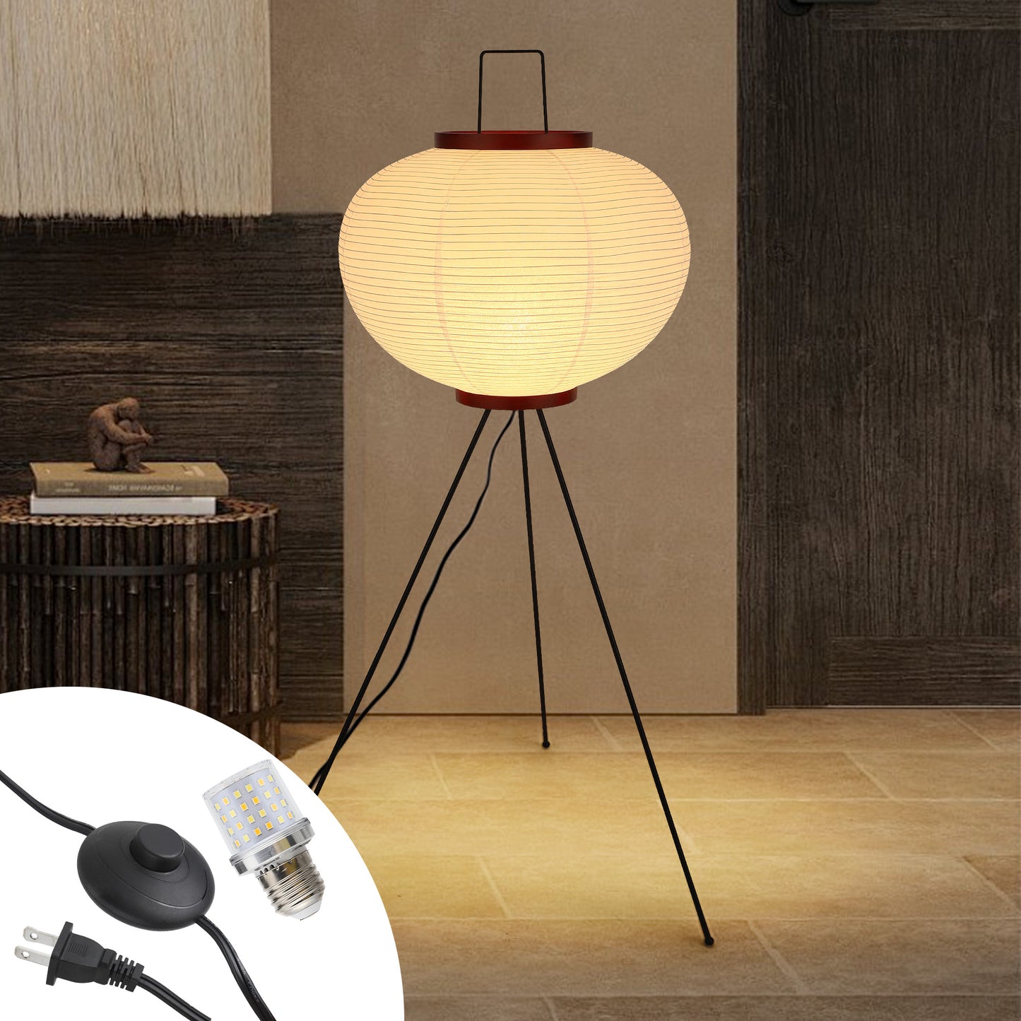 Fivemengo Japanese Rice Paper Floor Lamp, Cozy Paper Lamp Japandi Lantern Lights Wabi Sabi Style for Living Room Bedroom Office, 43 Inch Tripod Stand, White Lantern with E26 LED Bulb, 3000K/5000K