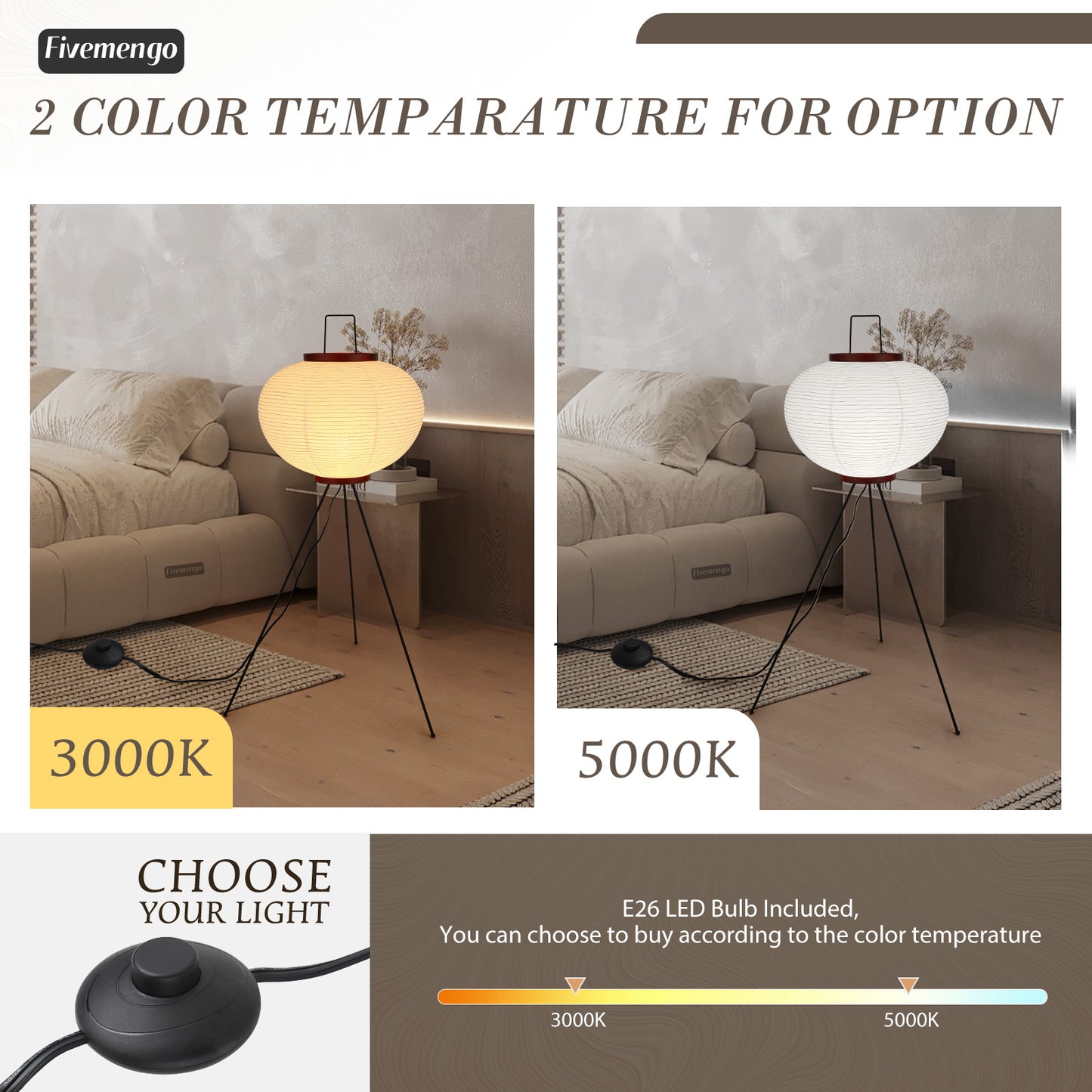 Fivemengo Japanese Rice Paper Floor Lamp, Cozy Paper Lamp Japandi Lantern Lights Wabi Sabi Style for Living Room Bedroom Office, 43 Inch Tripod Stand, White Lantern with E26 LED Bulb, 3000K/5000K