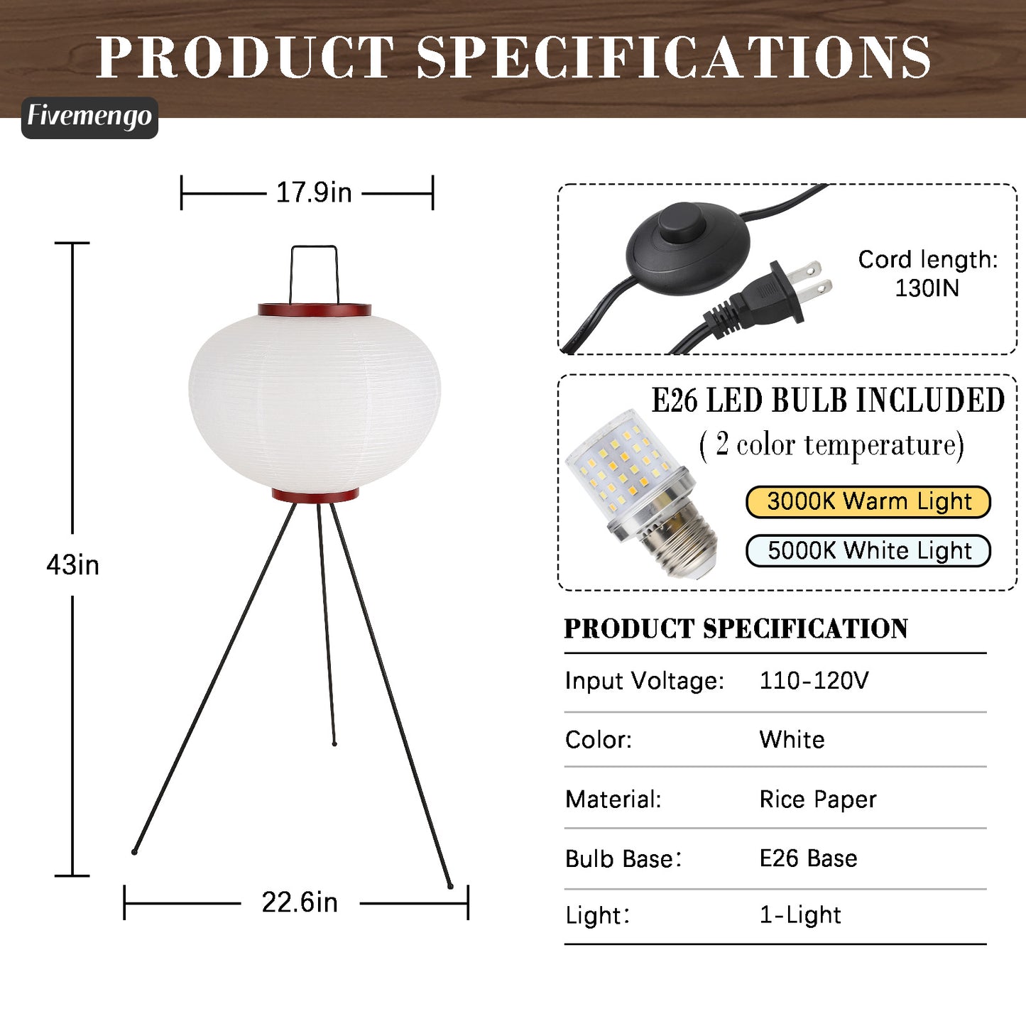 Fivemengo Japanese Rice Paper Floor Lamp, Cozy Paper Lamp Japandi Lantern Lights Wabi Sabi Style for Living Room Bedroom Office, 43 Inch Tripod Stand, White Lantern with E26 LED Bulb, 3000K/5000K