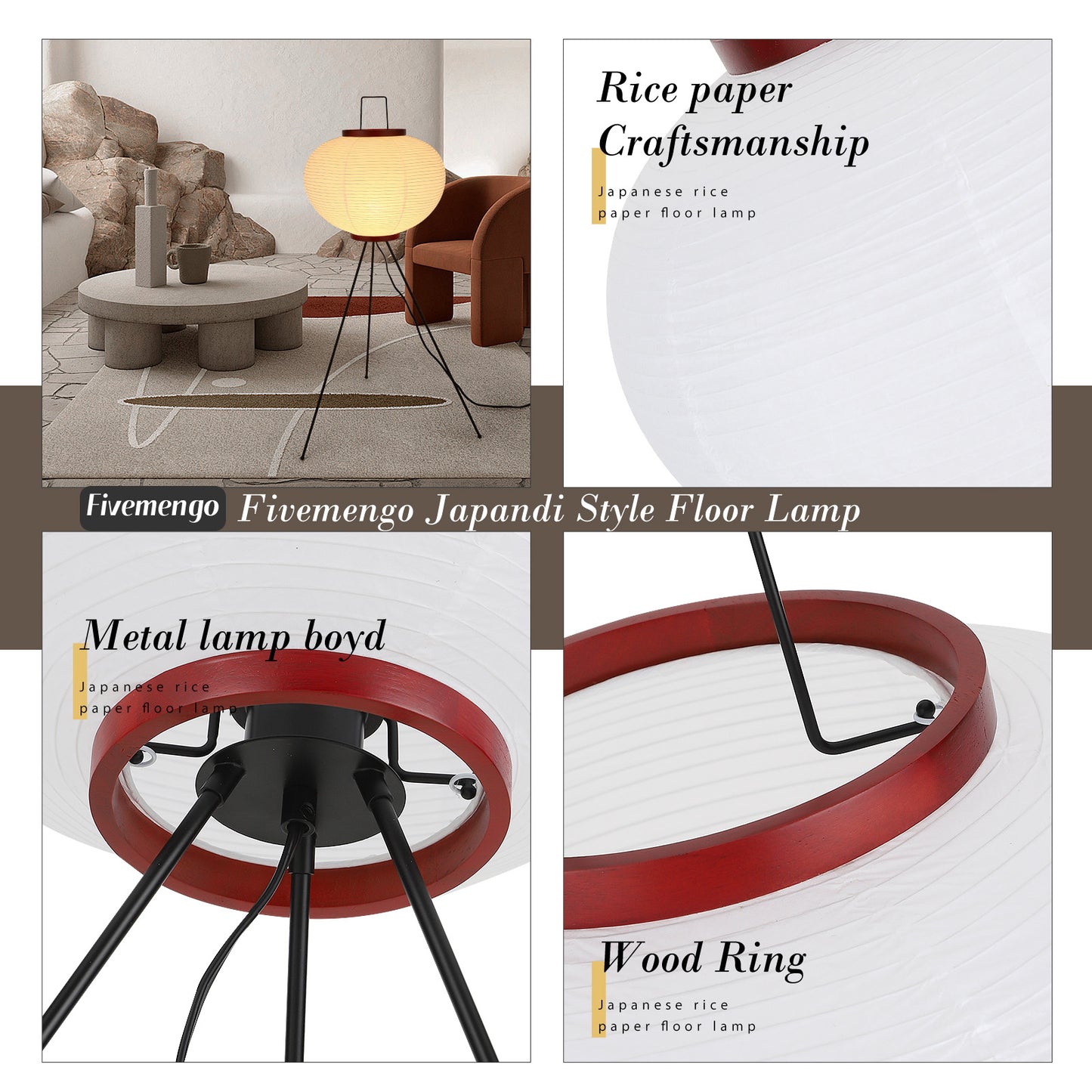 Fivemengo Japanese Rice Paper Floor Lamp, Cozy Paper Lamp Japandi Lantern Lights Wabi Sabi Style for Living Room Bedroom Office, 43 Inch Tripod Stand, White Lantern with E26 LED Bulb, 3000K/5000K