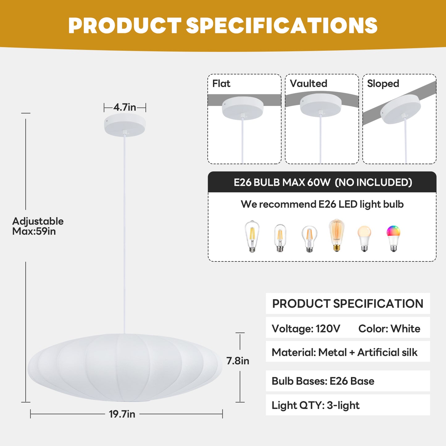 Pandaluna 19.7in Lantern Pendant Light, 3-Light Imitation Silk White Bubble Pendant Lighting Fixture, Hanging Lamp Simple Chandelier for Living Dinning Room Kitchen Island Bedroom Restaurant Cafe