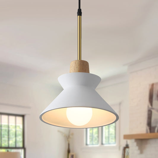 Fivemengo Modern Pendant Light, 9.4in Diameter White Concrete Lampshade with Wood Accent, Cement Nordic Art for Kitchen Island Living Dinning Room Foyer Entryway Bedroom Restaurant Cafe