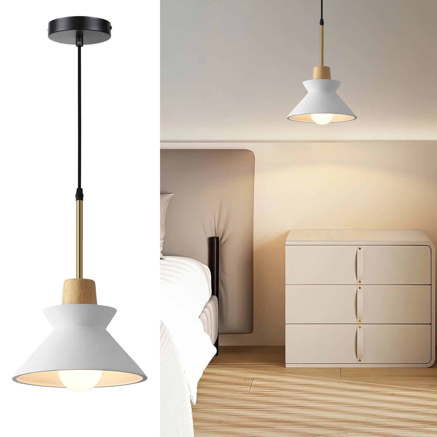 Fivemengo Modern Pendant Light, 9.4in Diameter White Concrete Lampshade with Wood Accent, Cement Nordic Art for Kitchen Island Living Dinning Room Foyer Entryway Bedroom Restaurant Cafe