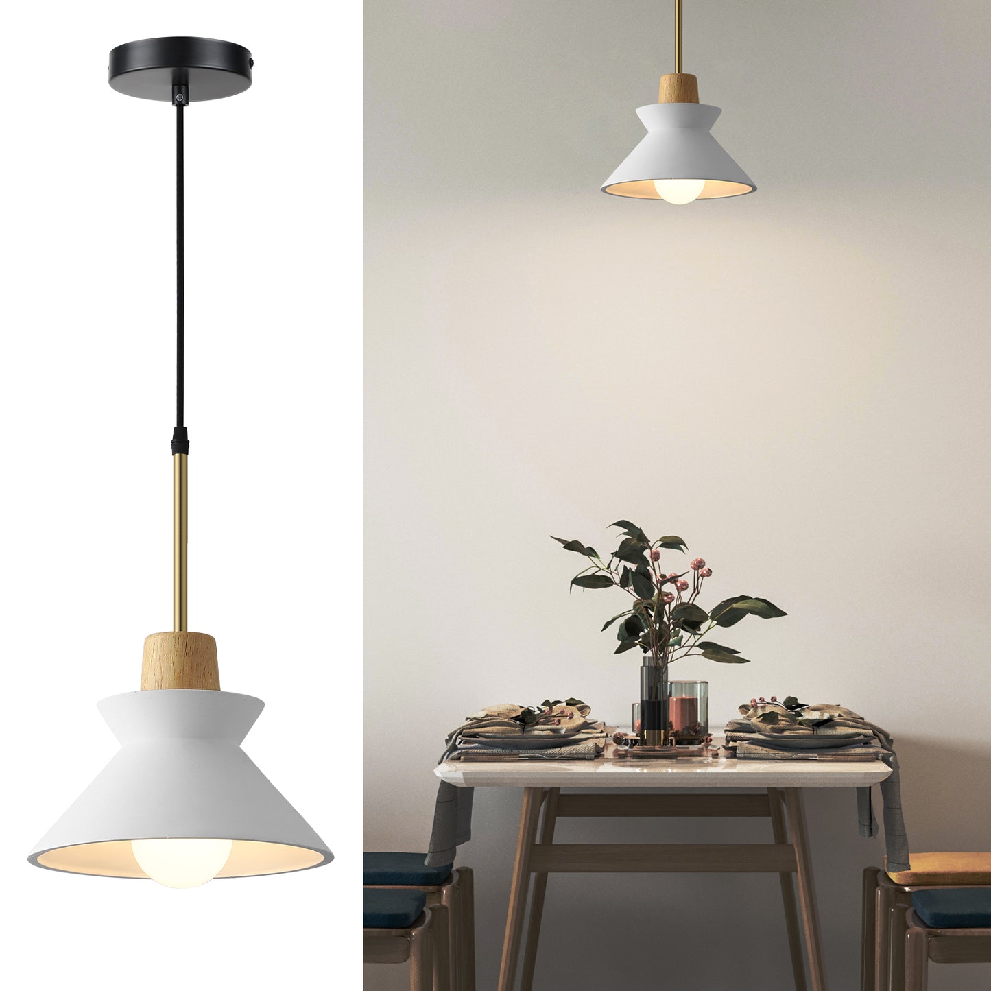 Fivemengo Modern Pendant Light, 9.4in Diameter White Concrete Lampshade with Wood Accent, Cement Nordic Art for Kitchen Island Living Dinning Room Foyer Entryway Bedroom Restaurant Cafe