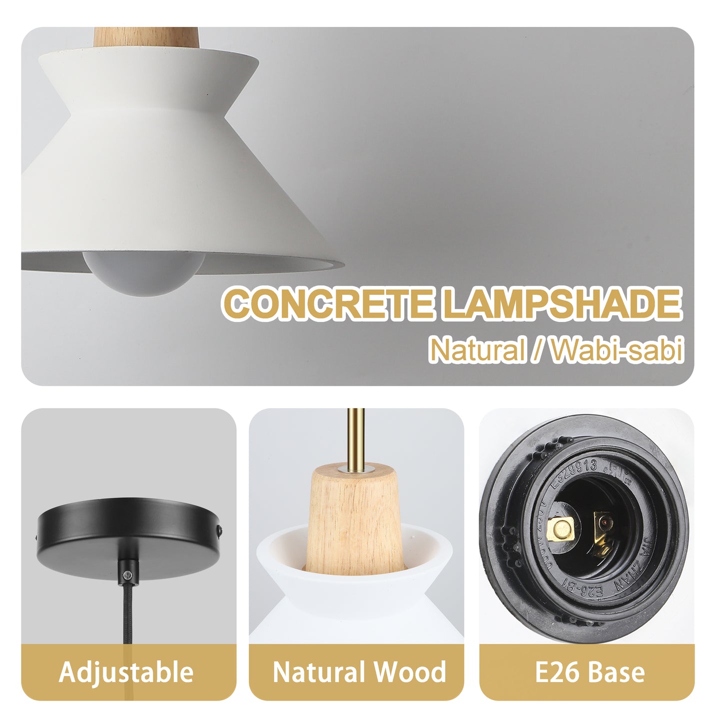 Fivemengo Modern Pendant Light, 9.4in Diameter White Concrete Lampshade with Wood Accent, Cement Nordic Art for Kitchen Island Living Dinning Room Foyer Entryway Bedroom Restaurant Cafe