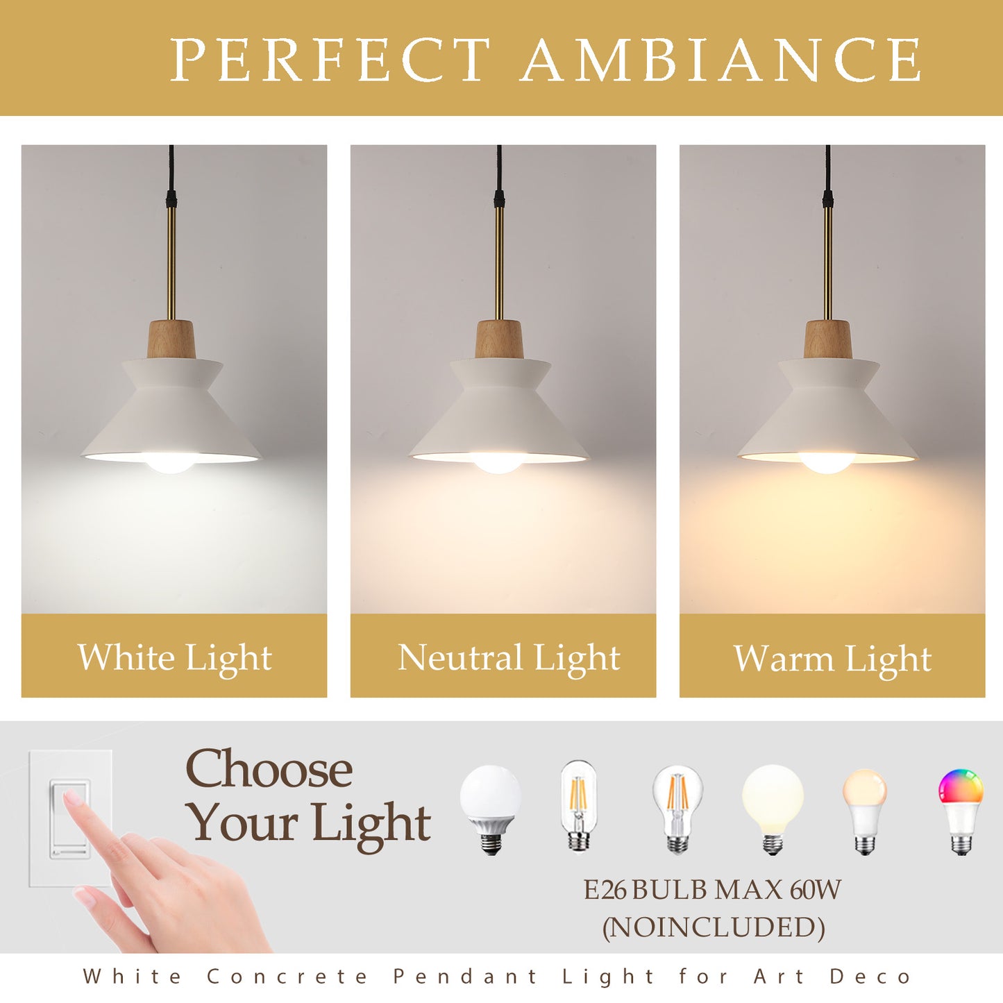 Fivemengo Modern Pendant Light, 9.4in Diameter White Concrete Lampshade with Wood Accent, Cement Nordic Art for Kitchen Island Living Dinning Room Foyer Entryway Bedroom Restaurant Cafe