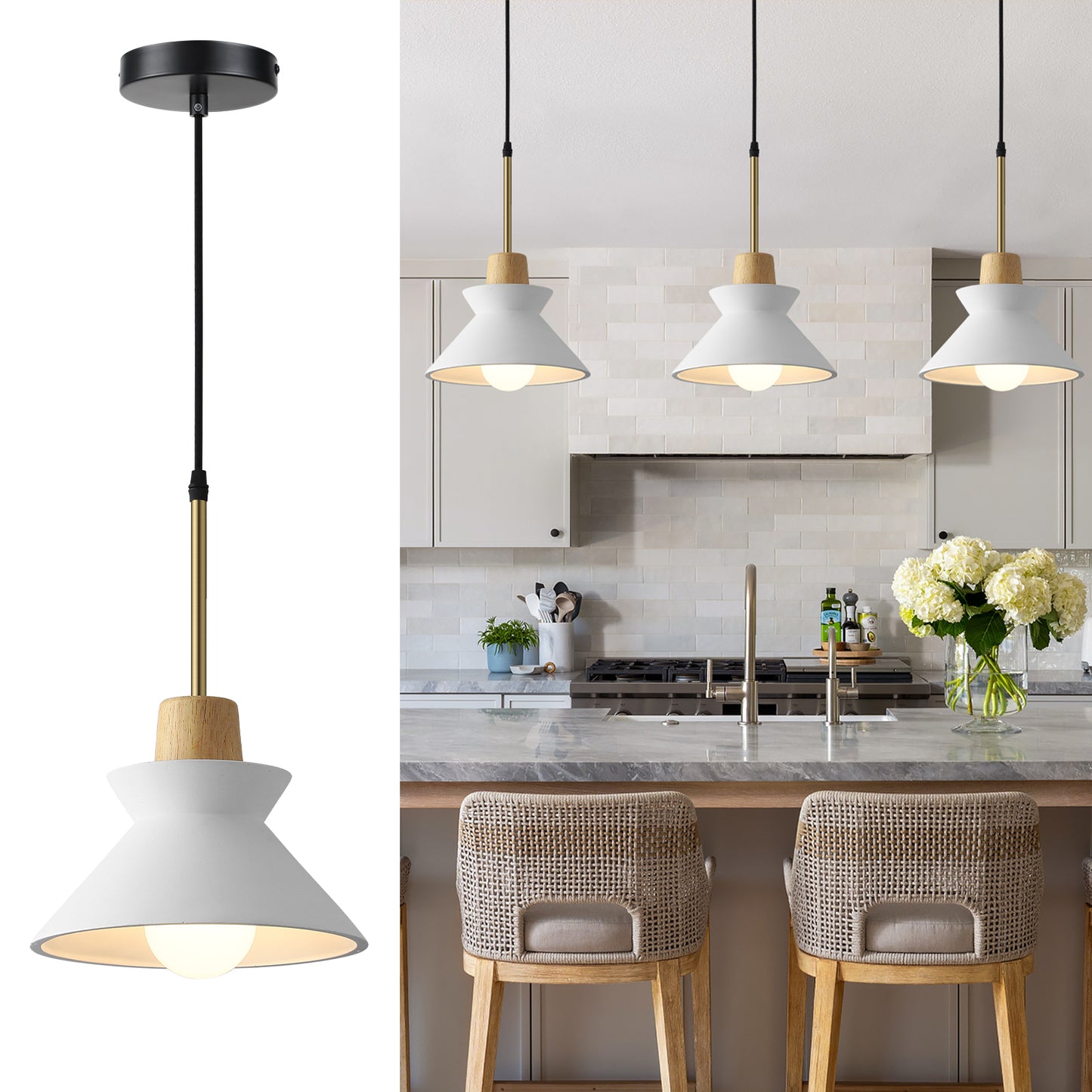 Fivemengo Modern Pendant Light, 9.4in Diameter White Concrete Lampshade with Wood Accent, Cement Nordic Art for Kitchen Island Living Dinning Room Foyer Entryway Bedroom Restaurant Cafe