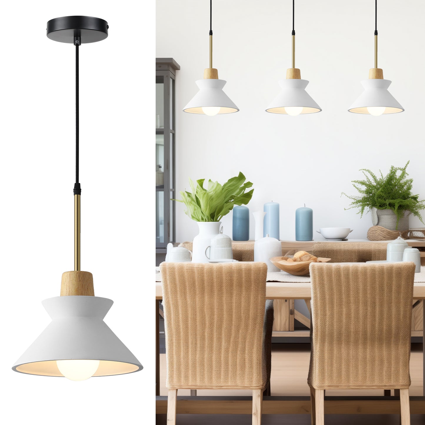 Fivemengo Modern Pendant Light, 9.4in Diameter White Concrete Lampshade with Wood Accent, Cement Nordic Art for Kitchen Island Living Dinning Room Foyer Entryway Bedroom Restaurant Cafe