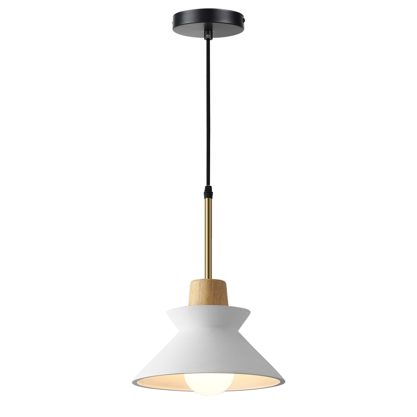 Fivemengo Modern Pendant Light, 9.4in Diameter White Concrete Lampshade with Wood Accent, Cement Nordic Art for Kitchen Island Living Dinning Room Foyer Entryway Bedroom Restaurant Cafe