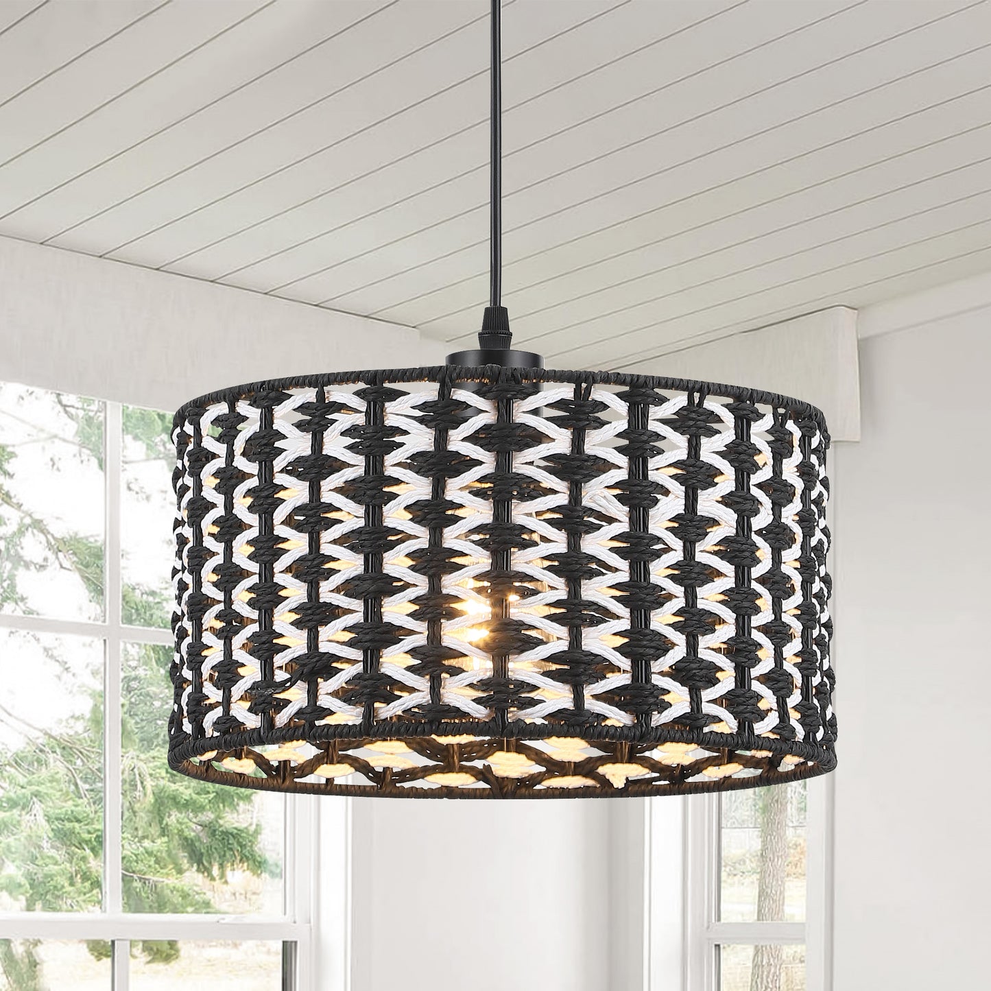 Fivemengo Modern Pendant Light, 11.8in Drum Shade Black and White Woven Pattern, Kitchen Pendant Lighting Over Island Sink, Boho Dining Room Light Fixtures Hanging Lamp Small Chandelier for Entryway