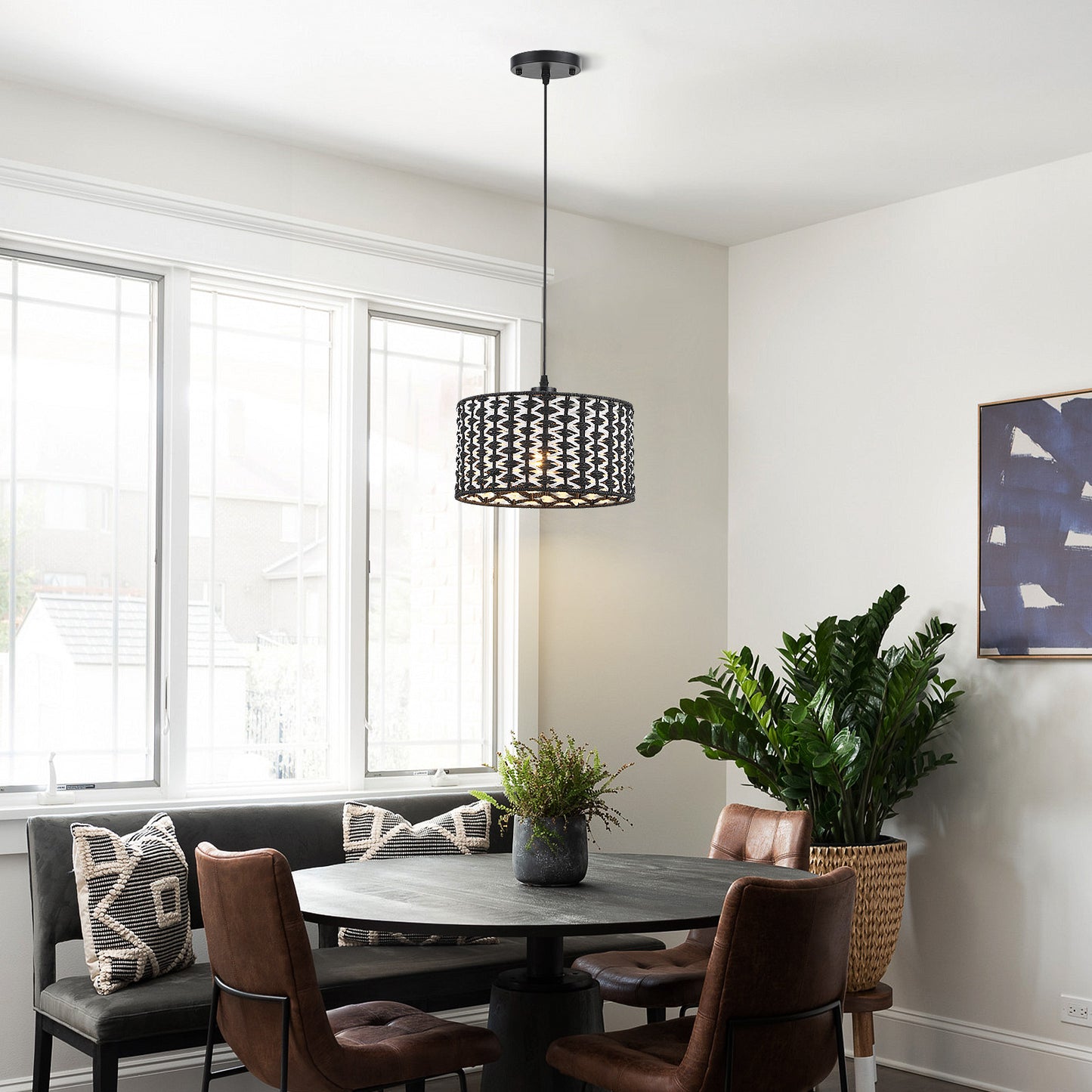 Fivemengo Modern Pendant Light, 11.8in Drum Shade Black and White Woven Pattern, Kitchen Pendant Lighting Over Island Sink, Boho Dining Room Light Fixtures Hanging Lamp Small Chandelier for Entryway