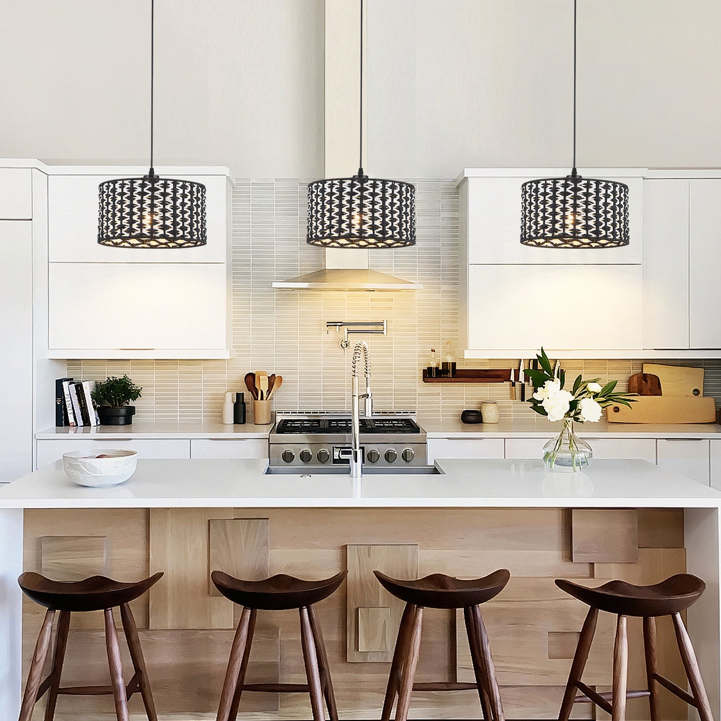 Fivemengo Modern Pendant Light, 11.8in Drum Shade Black and White Woven Pattern, Kitchen Pendant Lighting Over Island Sink, Boho Dining Room Light Fixtures Hanging Lamp Small Chandelier for Entryway