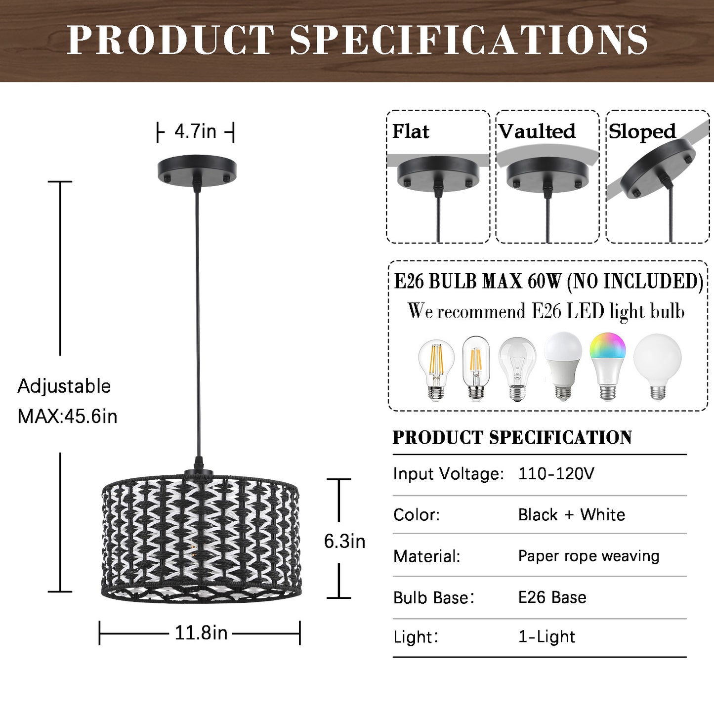 Fivemengo Modern Pendant Light, 11.8in Drum Shade Black and White Woven Pattern, Kitchen Pendant Lighting Over Island Sink, Boho Dining Room Light Fixtures Hanging Lamp Small Chandelier for Entryway