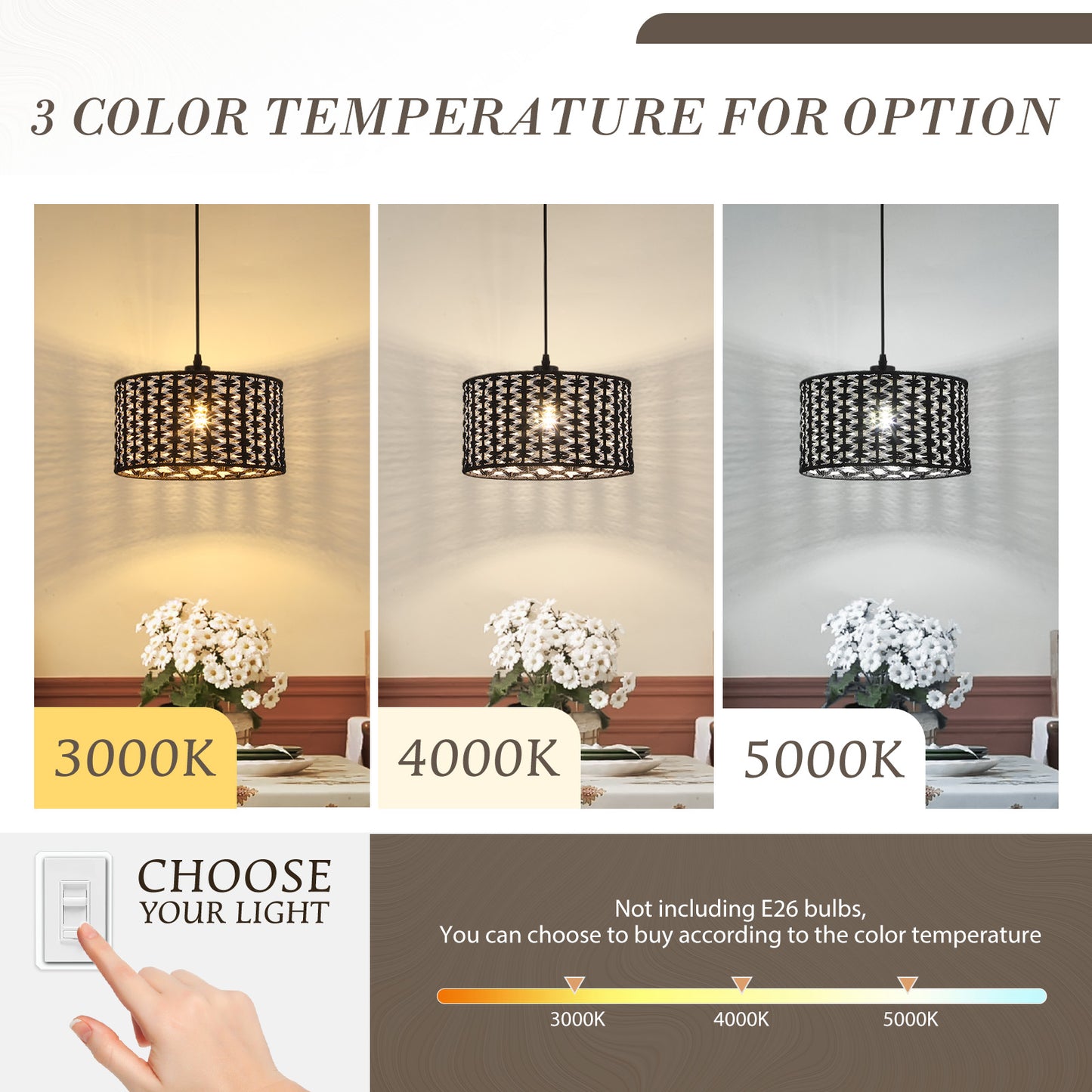 Fivemengo Modern Pendant Light, 11.8in Drum Shade Black and White Woven Pattern, Kitchen Pendant Lighting Over Island Sink, Boho Dining Room Light Fixtures Hanging Lamp Small Chandelier for Entryway