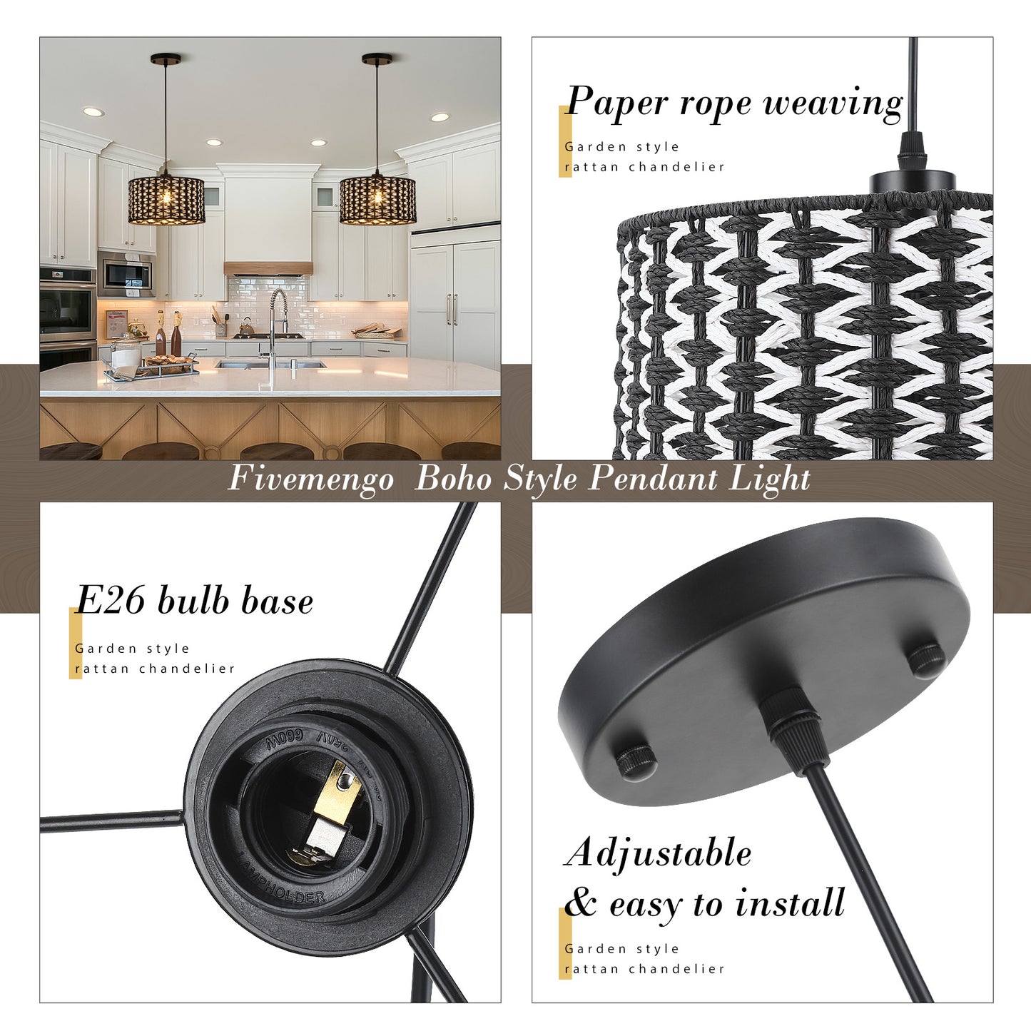 Fivemengo Modern Pendant Light, 11.8in Drum Shade Black and White Woven Pattern, Kitchen Pendant Lighting Over Island Sink, Boho Dining Room Light Fixtures Hanging Lamp Small Chandelier for Entryway