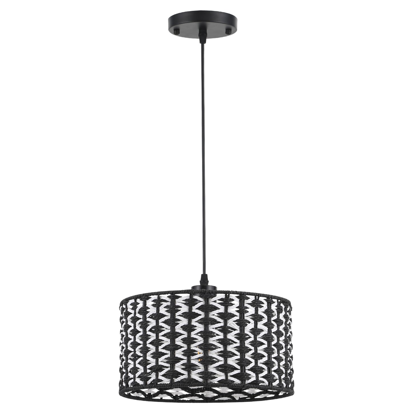 Fivemengo Modern Pendant Light, 11.8in Drum Shade Black and White Woven Pattern, Kitchen Pendant Lighting Over Island Sink, Boho Dining Room Light Fixtures Hanging Lamp Small Chandelier for Entryway