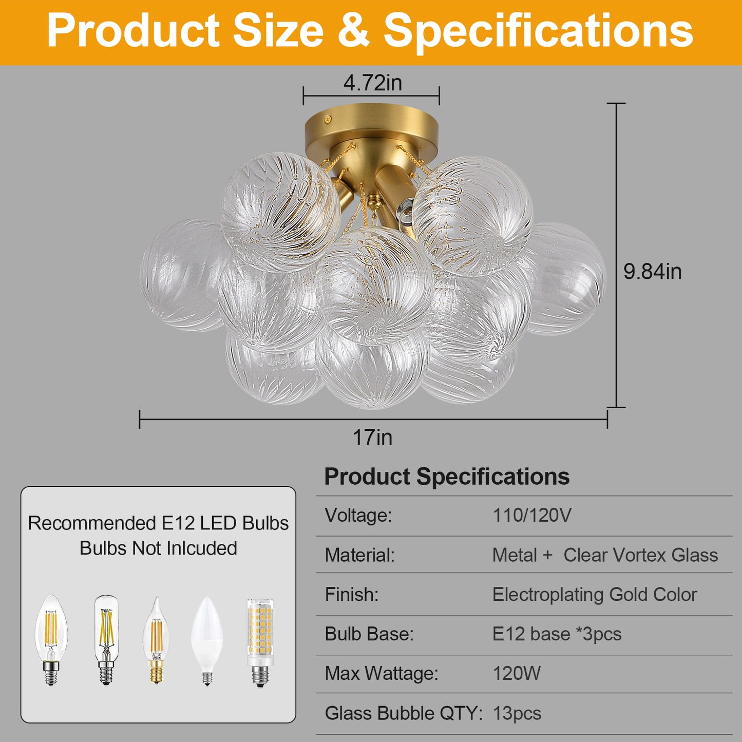 Pandaluna Bubble Chandelier Bubble Ceiling Light 17in Semi Flush Mount Chandelier Blown Glass Mid Century Close to Ceiling Light Fixture for Bedroom Hallway Entryway Kitchen Foryer Dining Room