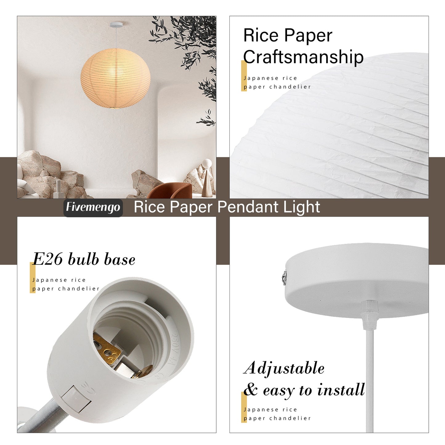 Fivemengo Large Rice Paper Pendant Light, 20in White Globe Paper Lantern Lights, E26 Base, Japanese Hanging Lantern Lamp Japandi Chandelier for Dining Room Bedroom Office Living Room