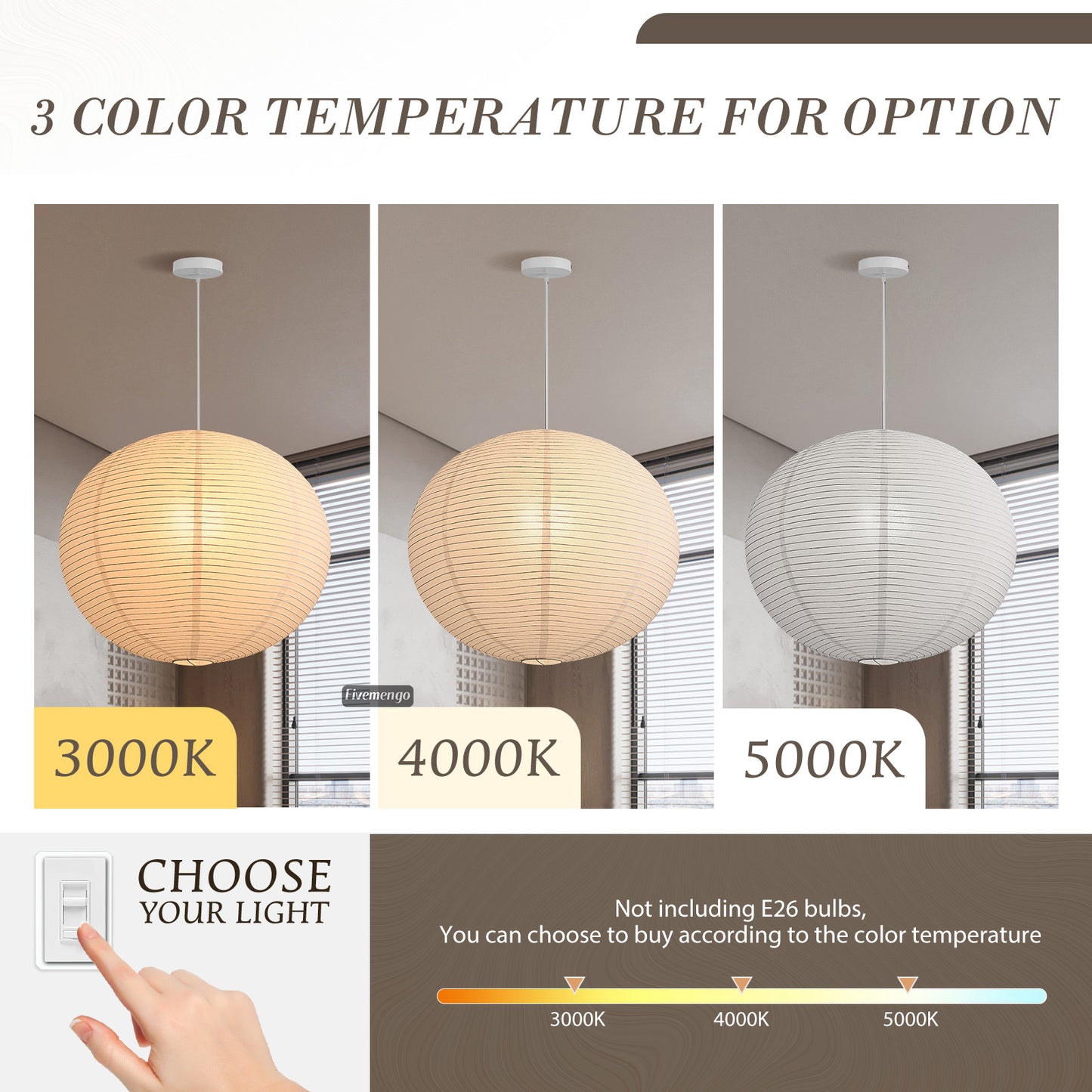 Fivemengo Large Rice Paper Pendant Light, 23.6in White Globe Paper Lantern Lights, E26 Base, Japanese Hanging Lantern Lamp Japandi Chandelier for Dining Room Bedroom Office Living Room
