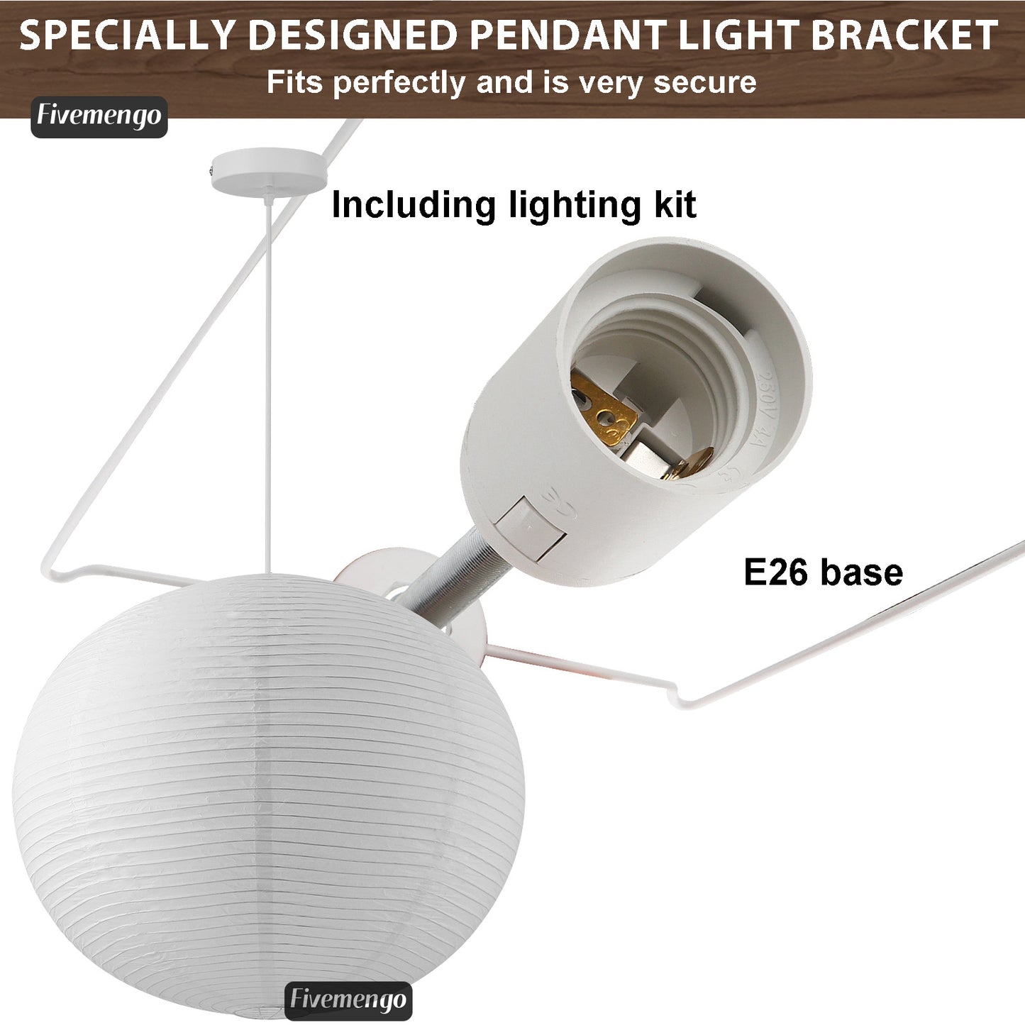 Fivemengo Large Rice Paper Pendant Light, 20in White Globe Paper Lantern Lights, E26 Base, Japanese Hanging Lantern Lamp Japandi Chandelier for Dining Room Bedroom Office Living Room