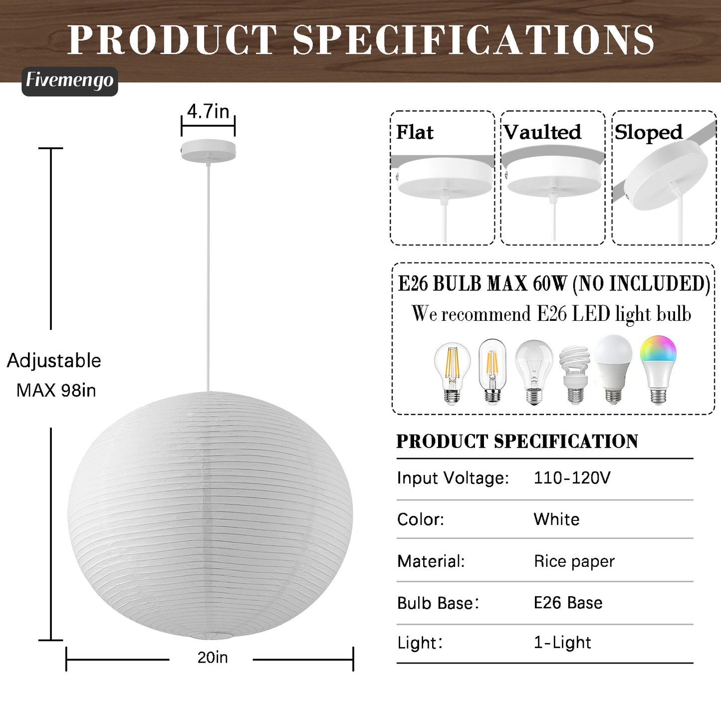 Fivemengo Large Rice Paper Pendant Light, 20in White Globe Paper Lantern Lights, E26 Base, Japanese Hanging Lantern Lamp Japandi Chandelier for Dining Room Bedroom Office Living Room