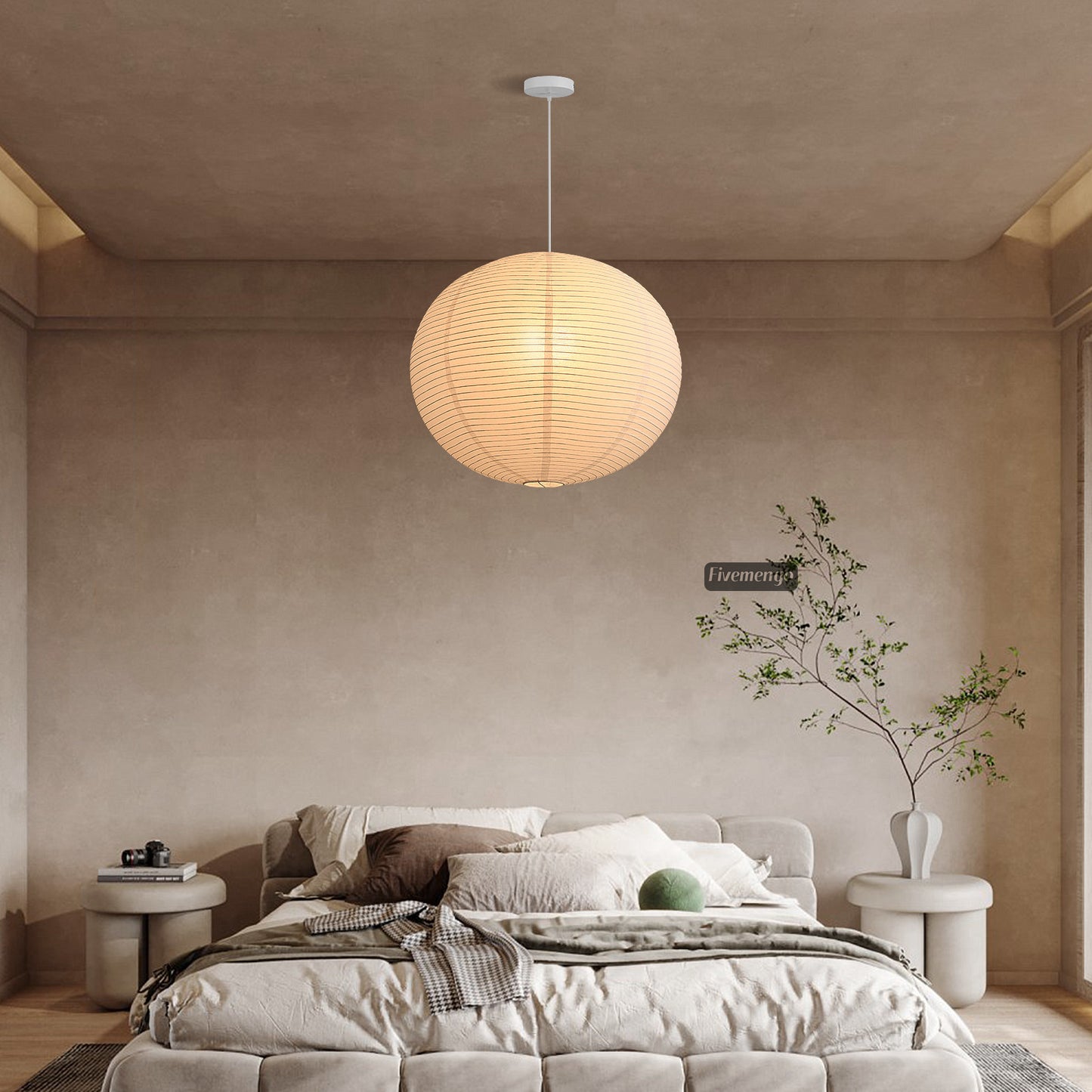 Fivemengo Large Rice Paper Pendant Light, 20in White Globe Paper Lantern Lights, E26 Base, Japanese Hanging Lantern Lamp Japandi Chandelier for Dining Room Bedroom Office Living Room