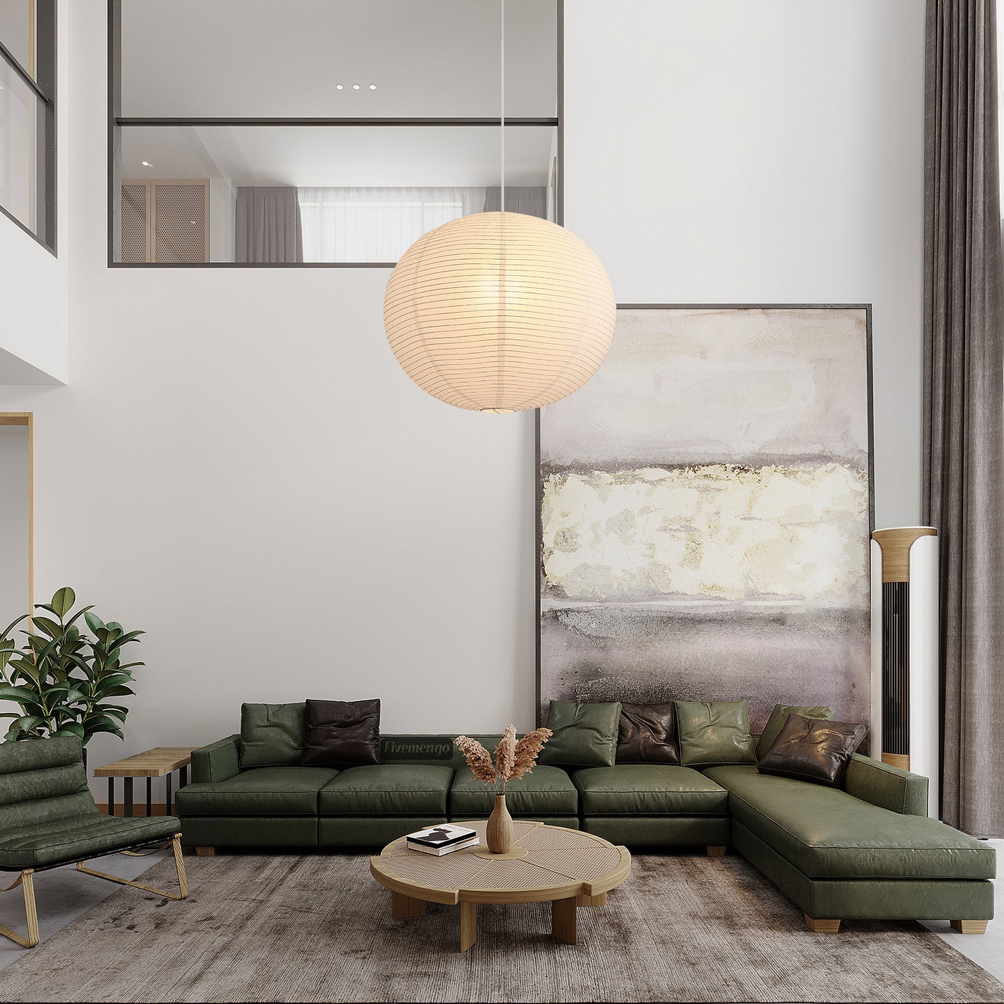 Fivemengo Large Rice Paper Pendant Light, 20in White Globe Paper Lantern Lights, E26 Base, Japanese Hanging Lantern Lamp Japandi Chandelier for Dining Room Bedroom Office Living Room