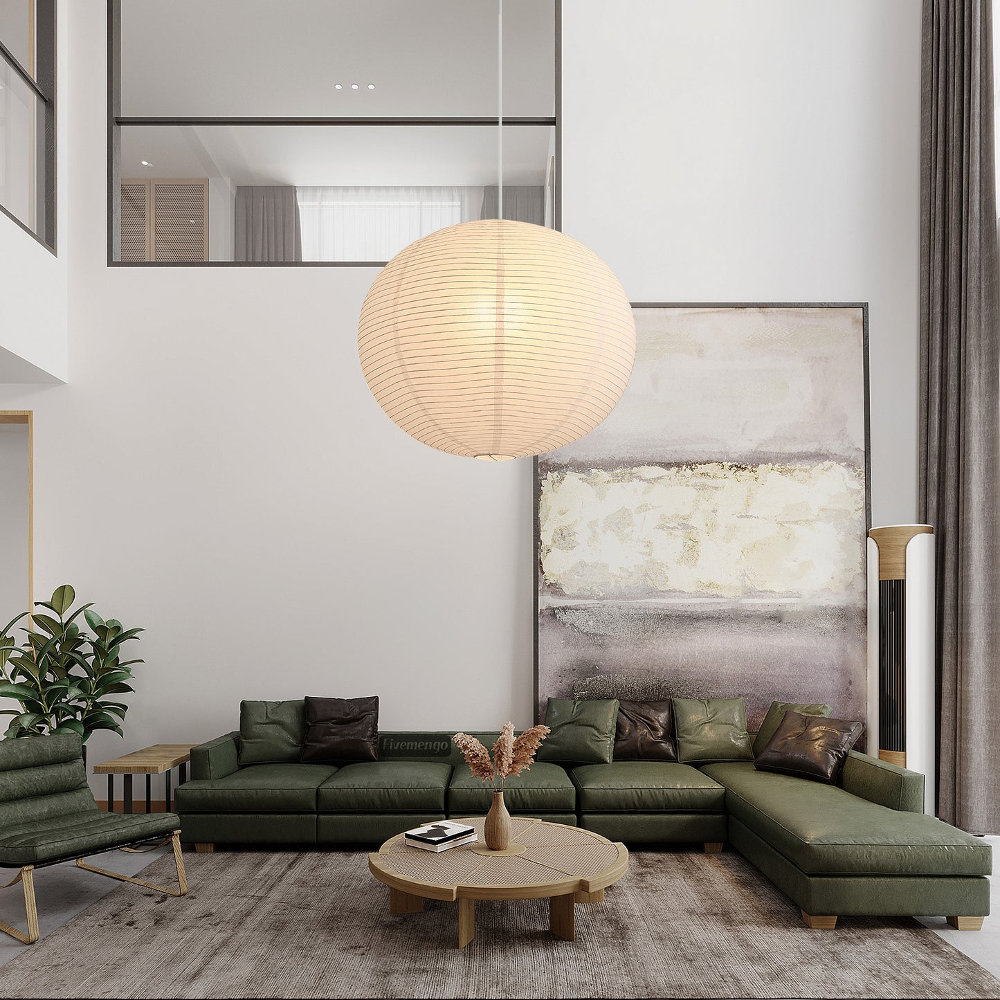 Fivemengo Large Rice Paper Pendant Light, 23.6in White Globe Paper Lantern Lights, E26 Base, Japanese Hanging Lantern Lamp Japandi Chandelier for Dining Room Bedroom Office Living Room