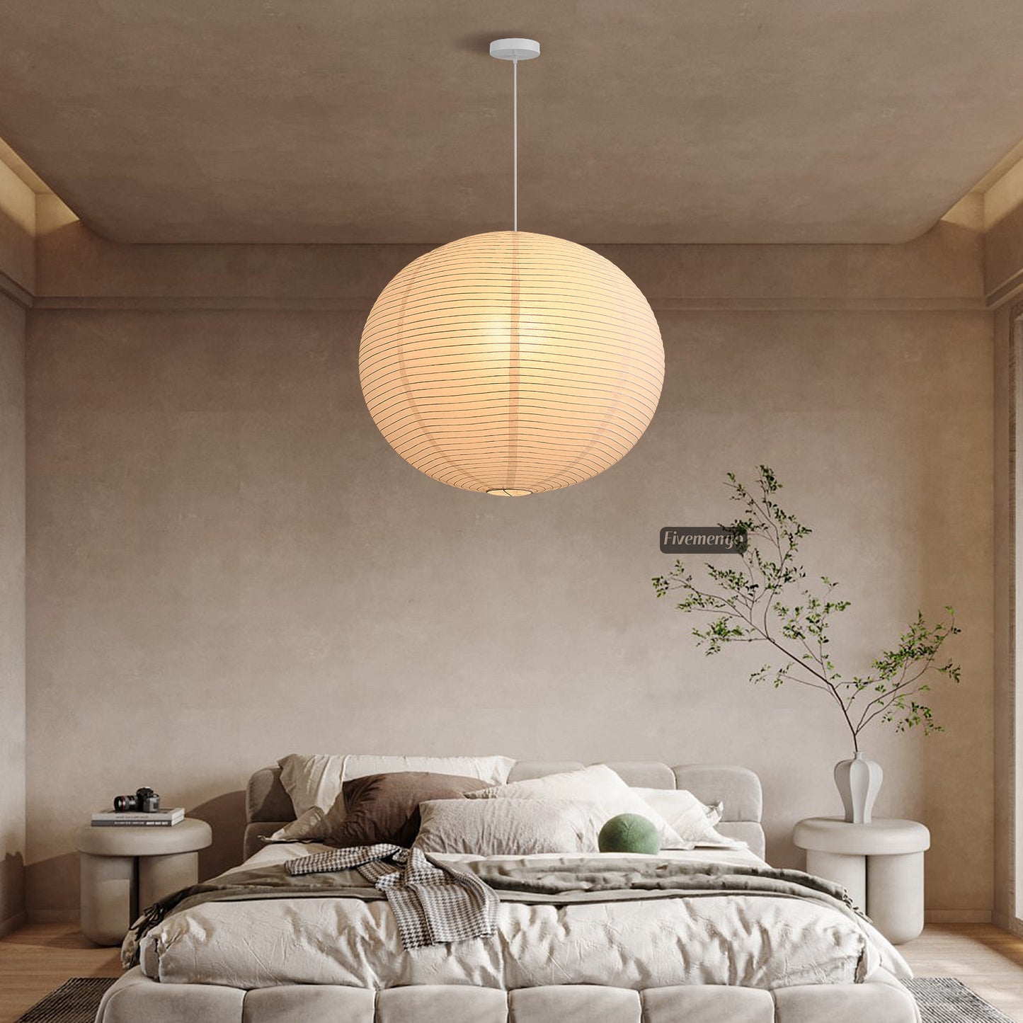 Fivemengo Large Rice Paper Pendant Light, 23.6in White Globe Paper Lantern Lights, E26 Base, Japanese Hanging Lantern Lamp Japandi Chandelier for Dining Room Bedroom Office Living Room