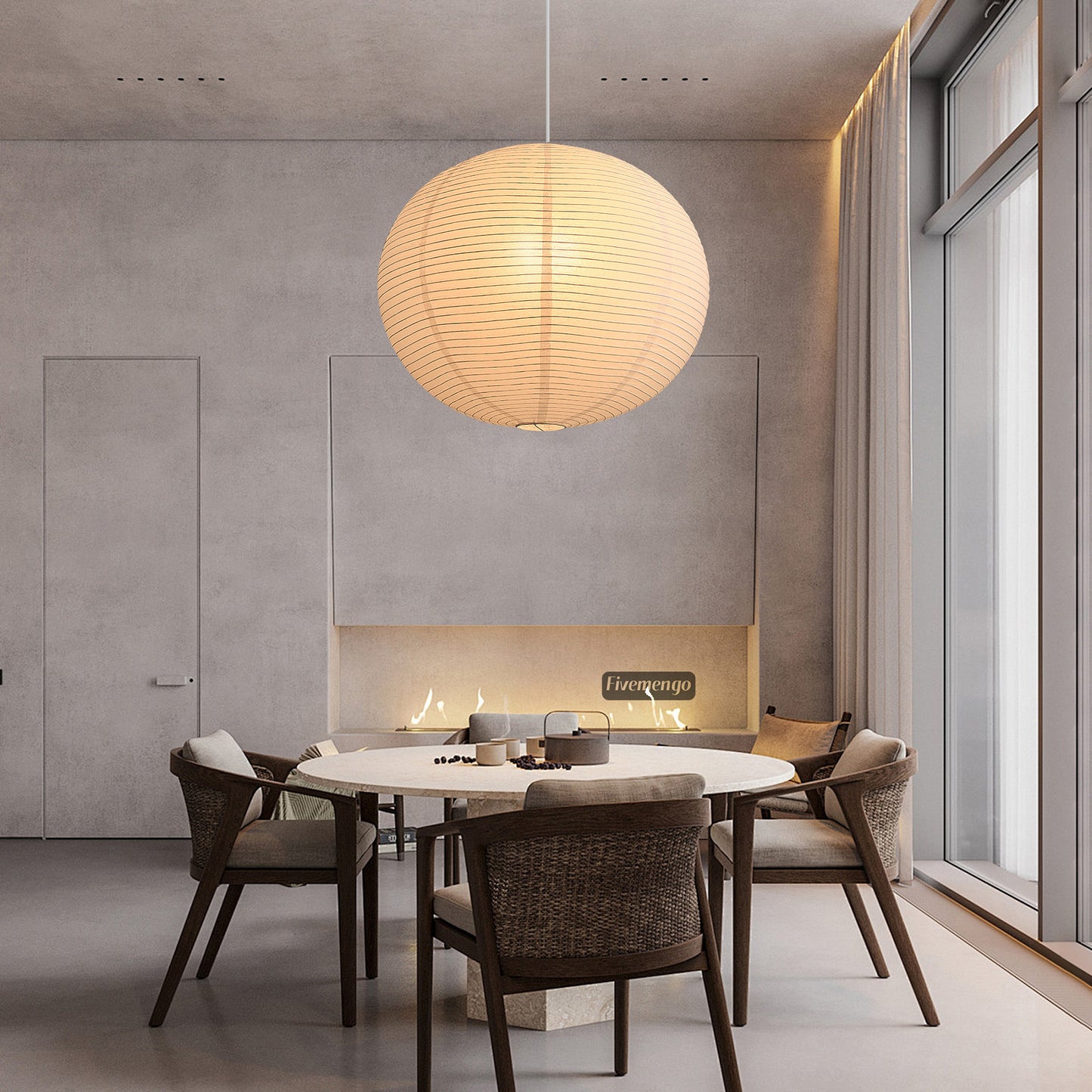 Fivemengo Large Rice Paper Pendant Light, 23.6in White Globe Paper Lantern Lights, E26 Base, Japanese Hanging Lantern Lamp Japandi Chandelier for Dining Room Bedroom Office Living Room